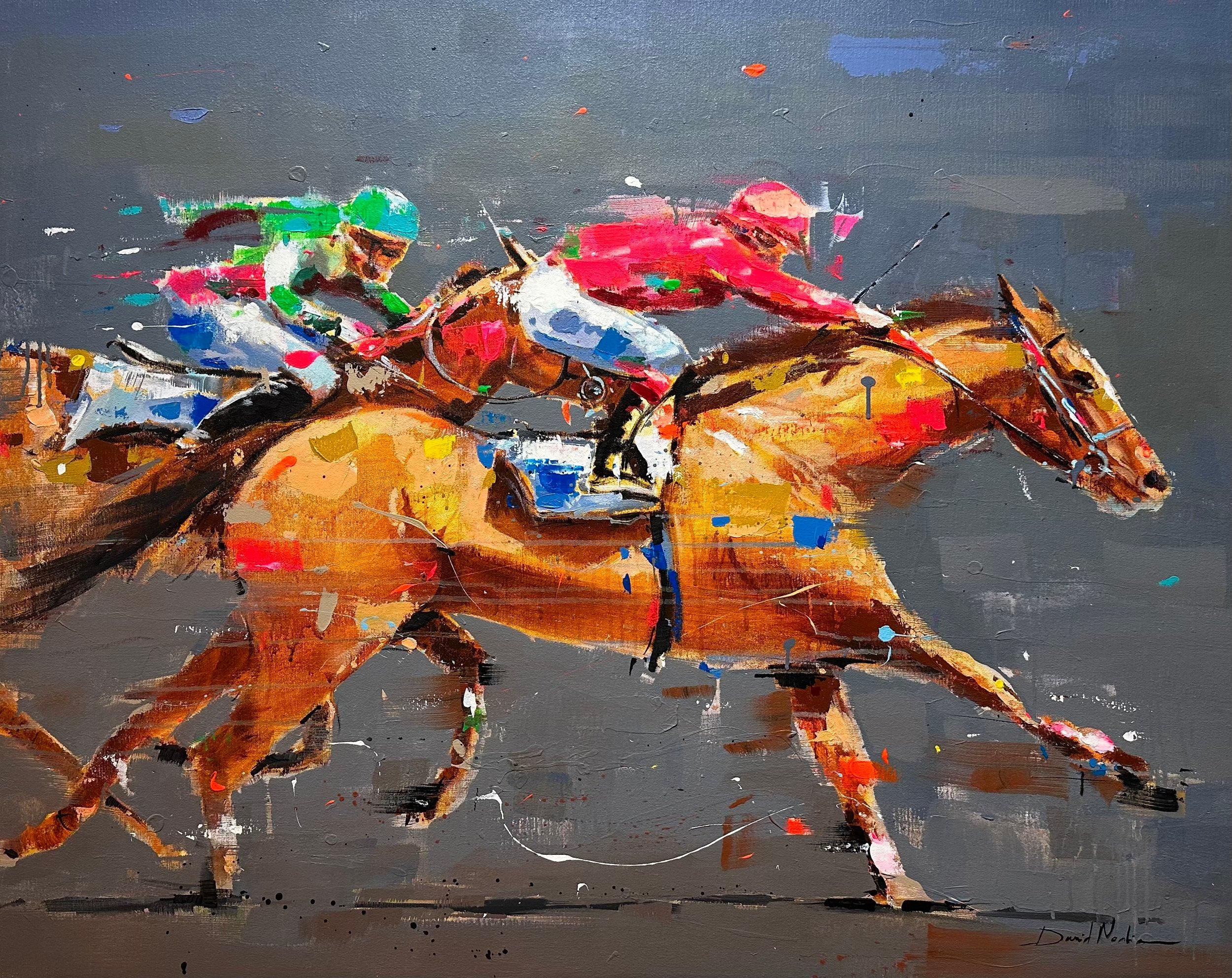 David Noalia  Animal Painting - David Noalia, "Strong Stride" 36x45 Colorful Horse Racing Equine Painting