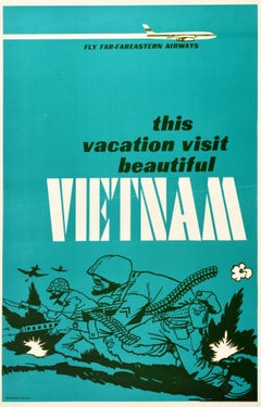 Affiche rétro originale, Fly Far-FarEastern Airways, Vietnam, Pacifisme, Soldats américains