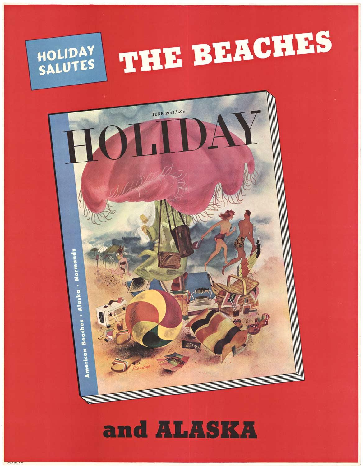 Póster vintage original de "Las playas y Alaska" de 1948 para el quiosco de prensa de vacaciones