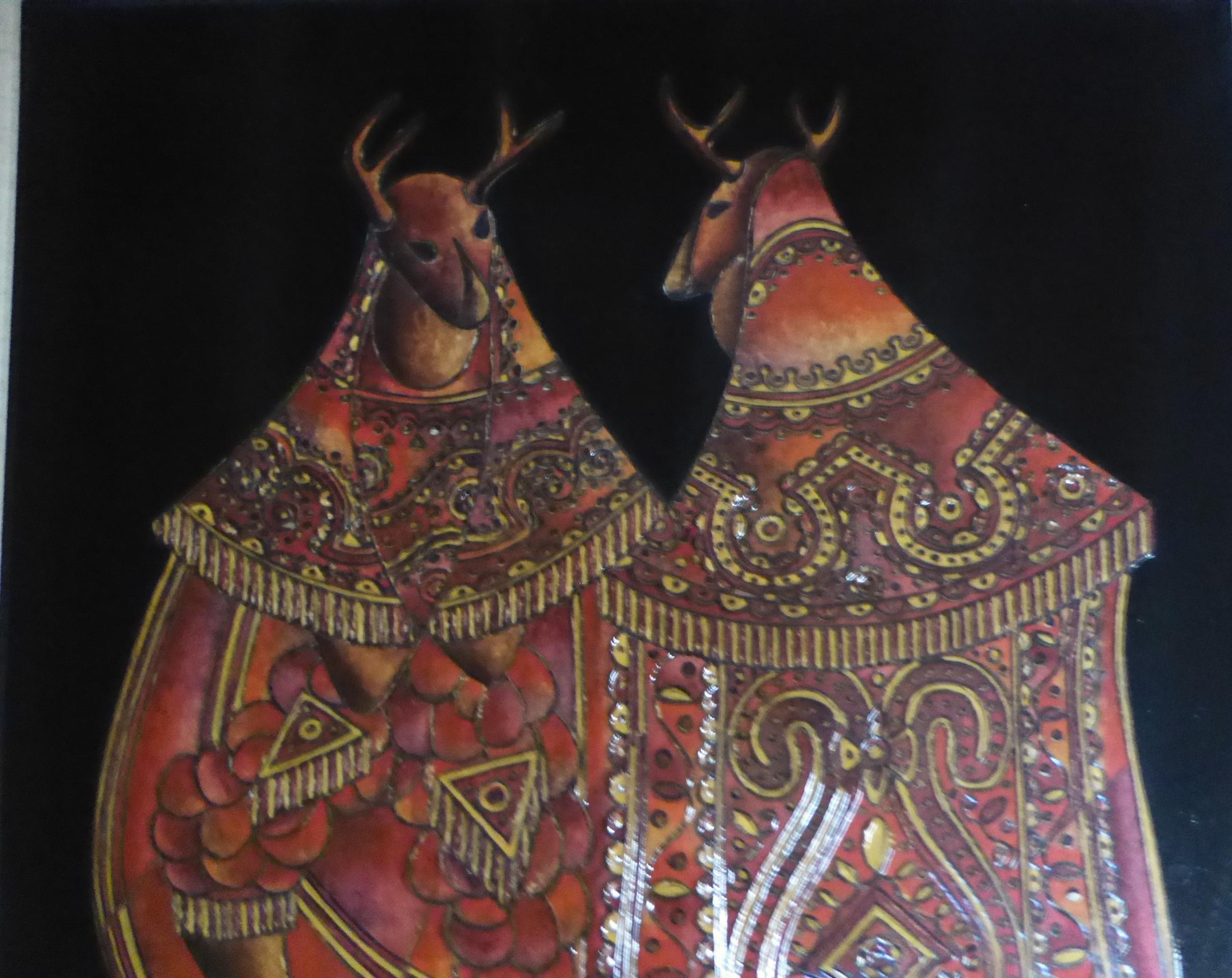 This unique artwork by David Ordoñez, El Baile del Venado, depicts two celebrants in Deer costumes performing a folkloric and spirutual dance of the Mayans of Guatemala and Yaquis people of Mexico.  Framed.
Measurements: 23 inches wide x 25.5 inches