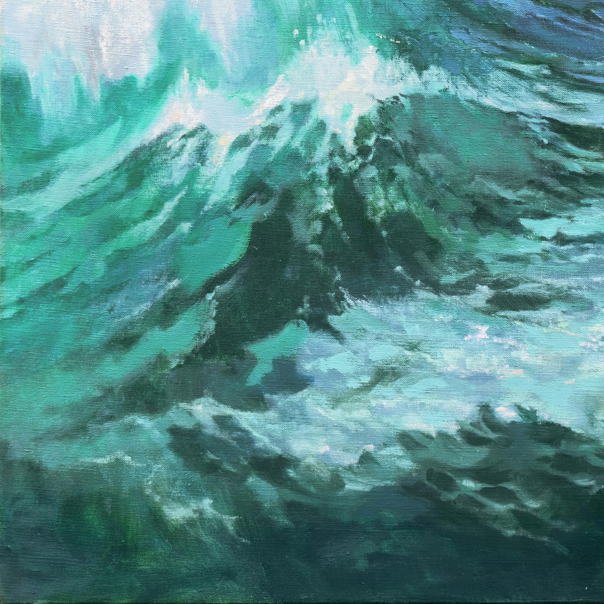 „Ocean Waves, Evening Sky“, Pazifische Meereslandschaft, Mendocino, Kalifornien, großes Ölgemälde (Blau), Landscape Painting, von David P. Barnes