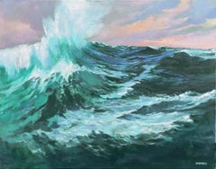 Vintage 'Turbulent Sea, Evening Sky', Pacific Seascape, Mendocino, California, Large Oil