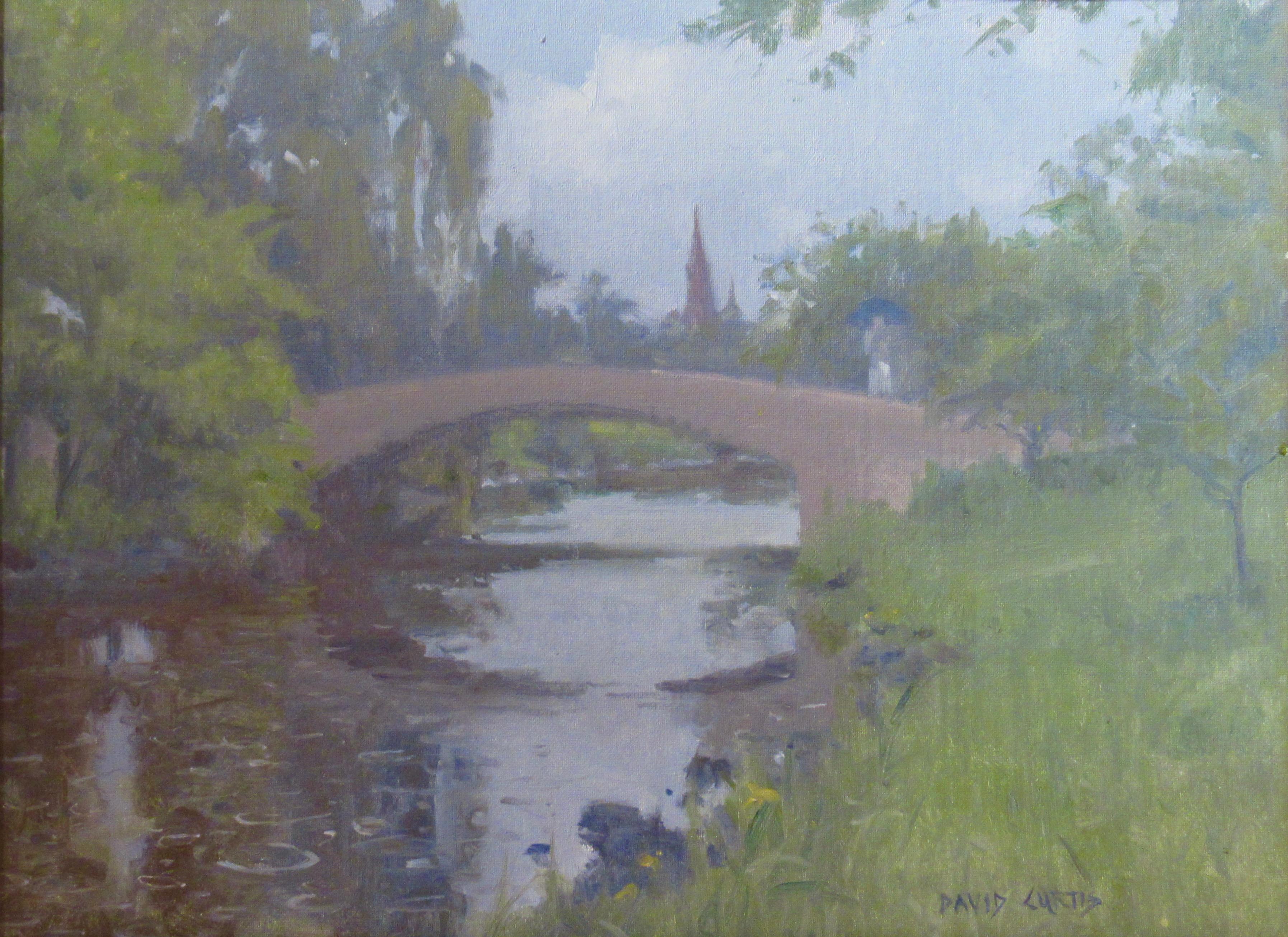Landscape with Bridge - Painting by David P. Curtis