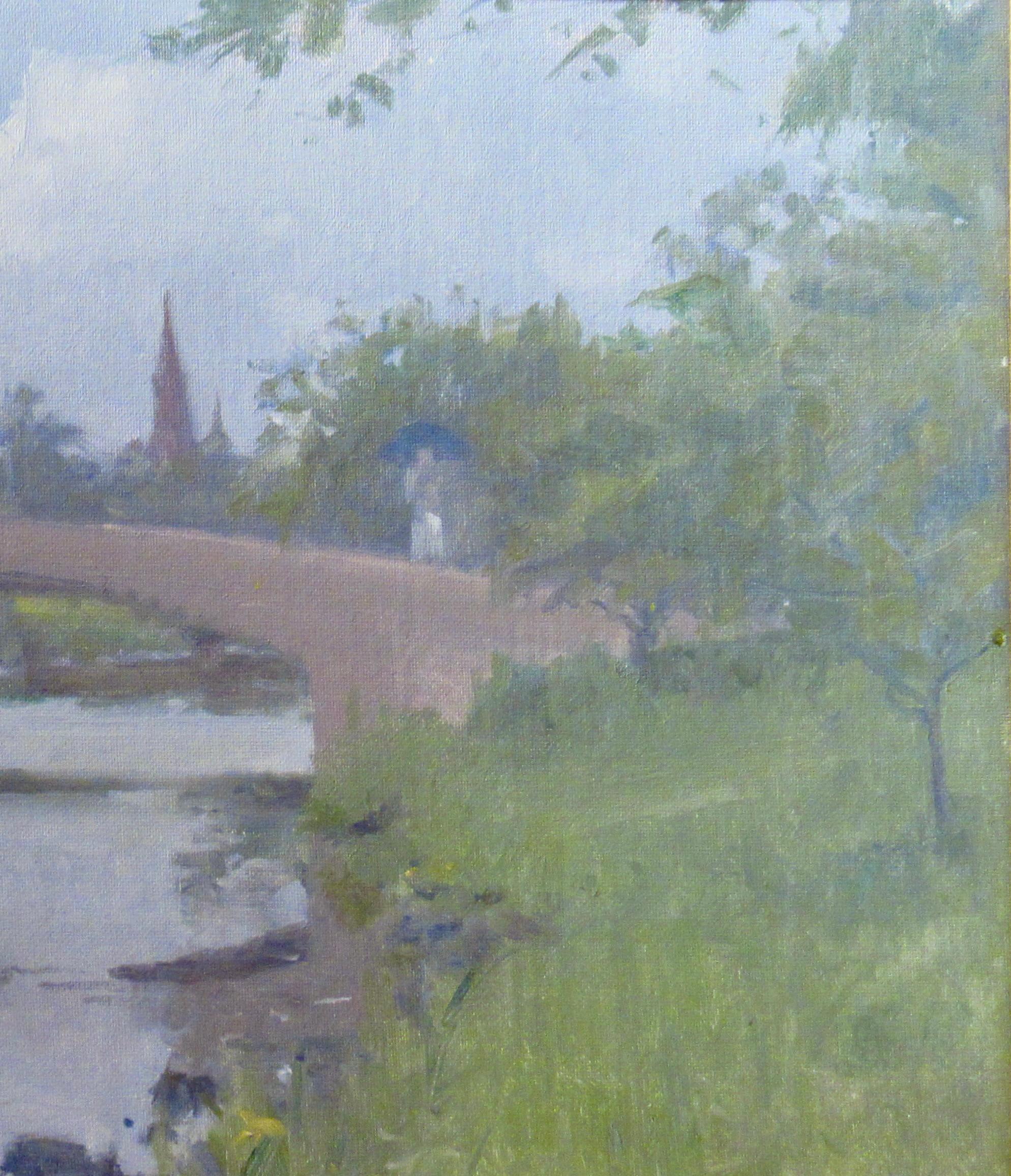 Landscape with Bridge - American Impressionist Painting by David P. Curtis