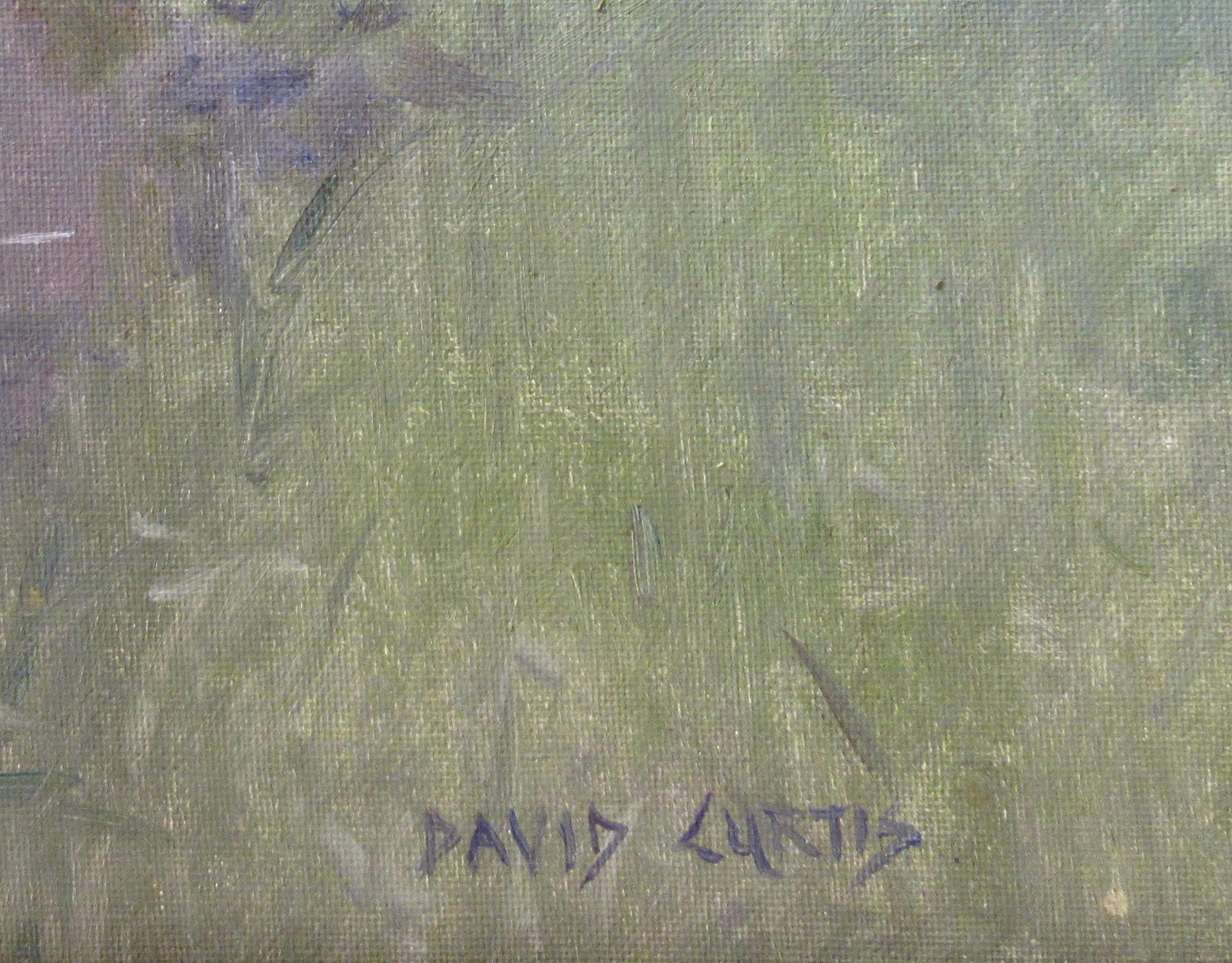 Landscape with Bridge - Gray Figurative Painting by David P. Curtis