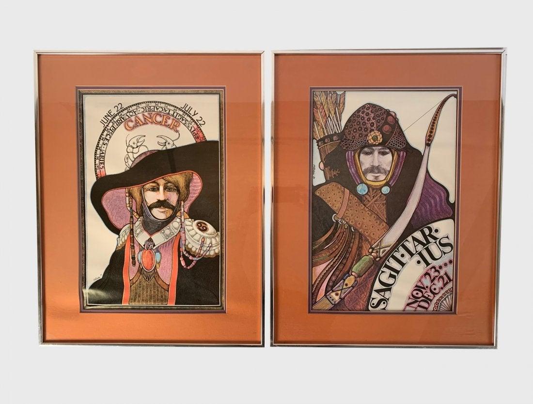 A complete set of 12 psychedelic Zodiac posters, 1969, by artist David Pallidini (1946-2019), matted in chrome frames under glass. Dimensions: Frame- 20