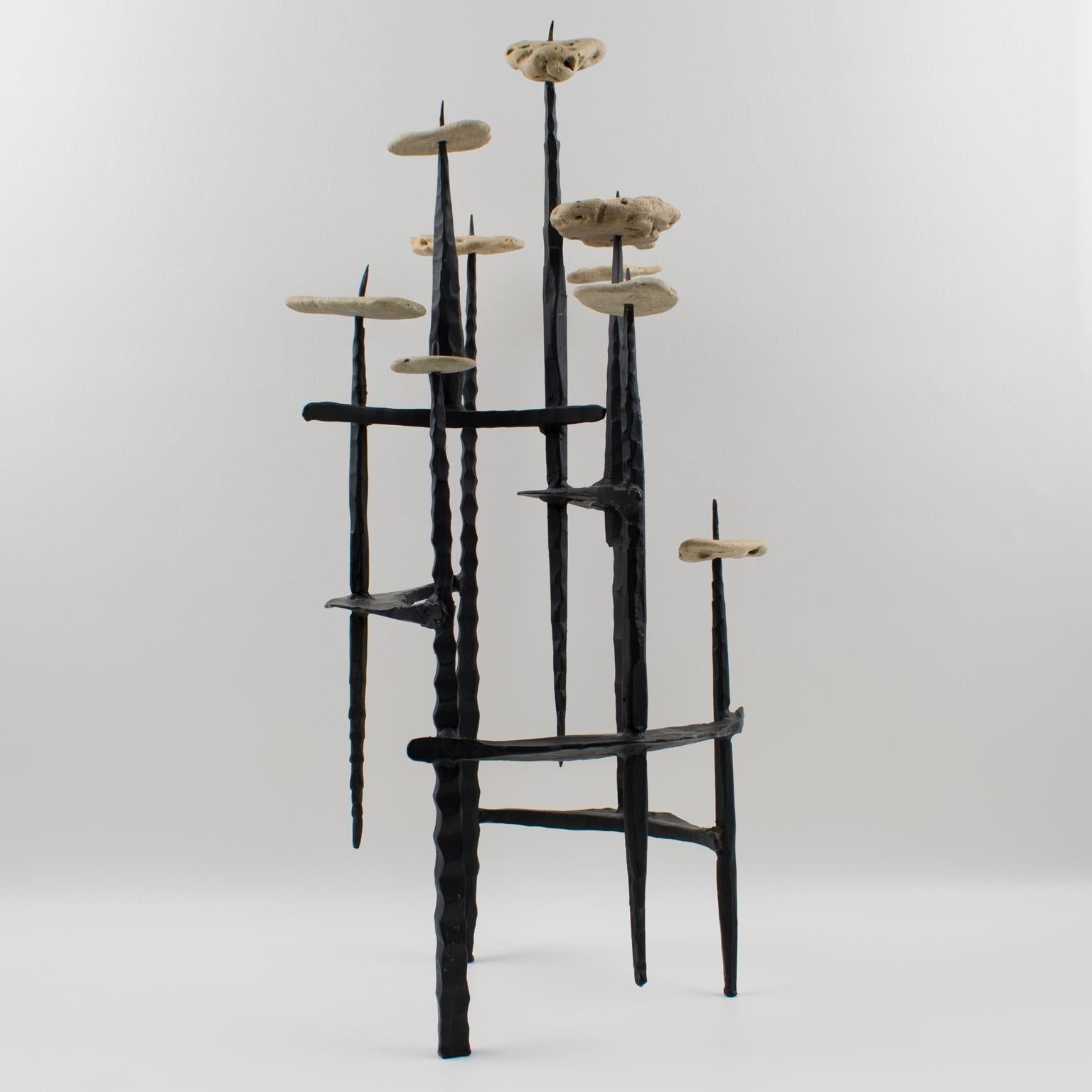 Israeli David Palombo 1950s Brutalist Iron and Stones Sculpture Menorah