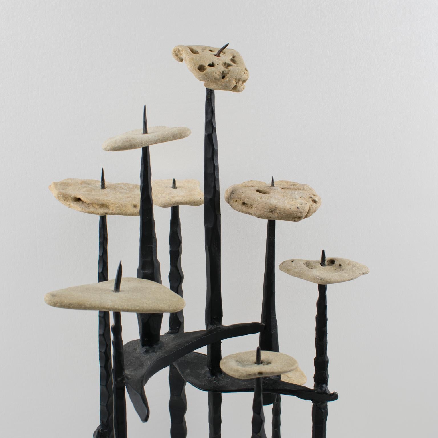 Mid-20th Century David Palombo 1950s Brutalist Iron and Stones Sculpture Menorah