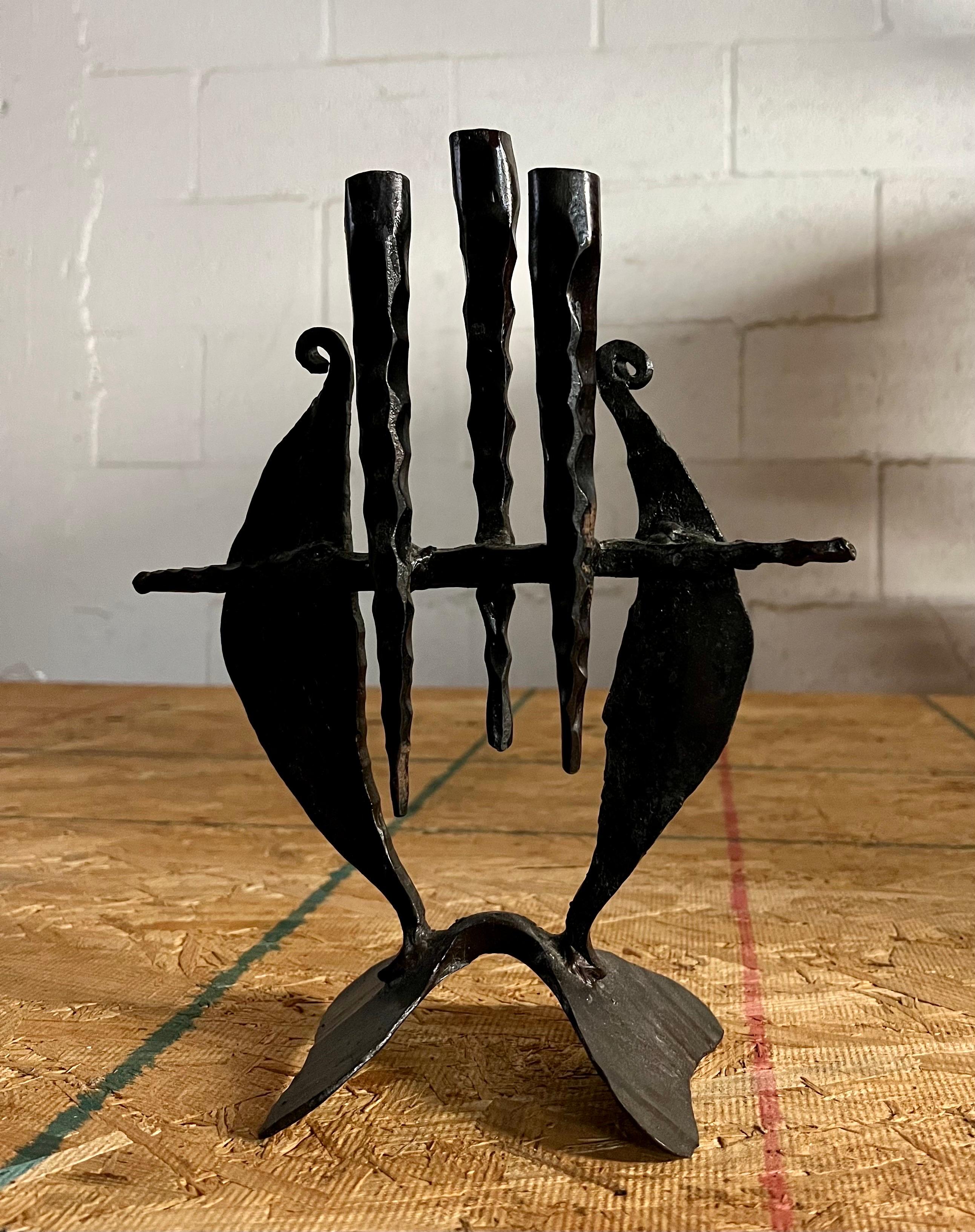 Brutalist Hand Forged Iron Sculpture Candelabra Candle Stick Israeli Art Palombo For Sale 1