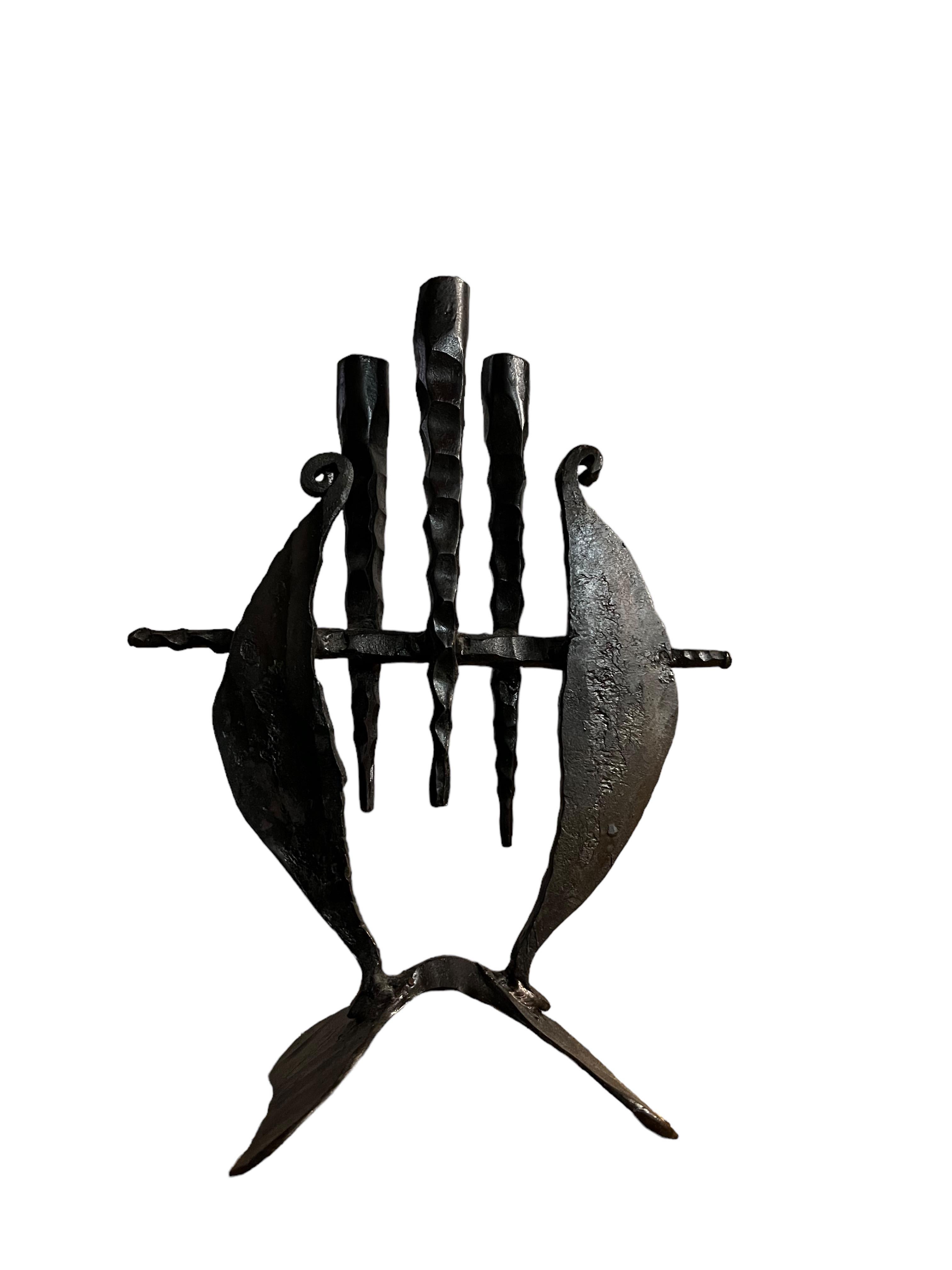 Brutalist Hand Forged Iron Sculpture Candelabra Candle Stick Israeli Art Palombo For Sale 7