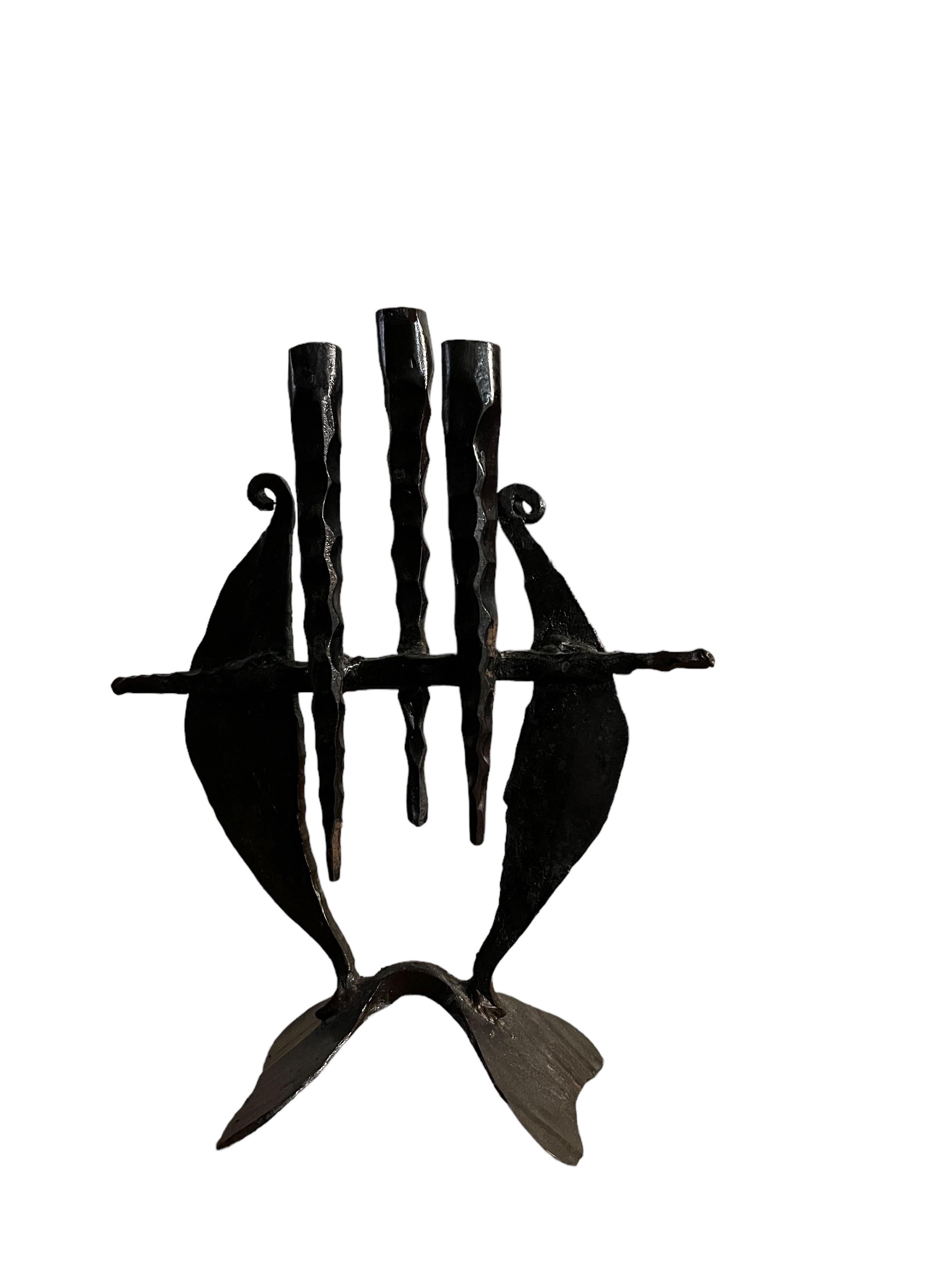 David Palombo Abstract Sculpture - Brutalist Hand Forged Iron Sculpture Candelabra Candle Stick Israeli Art Palombo
