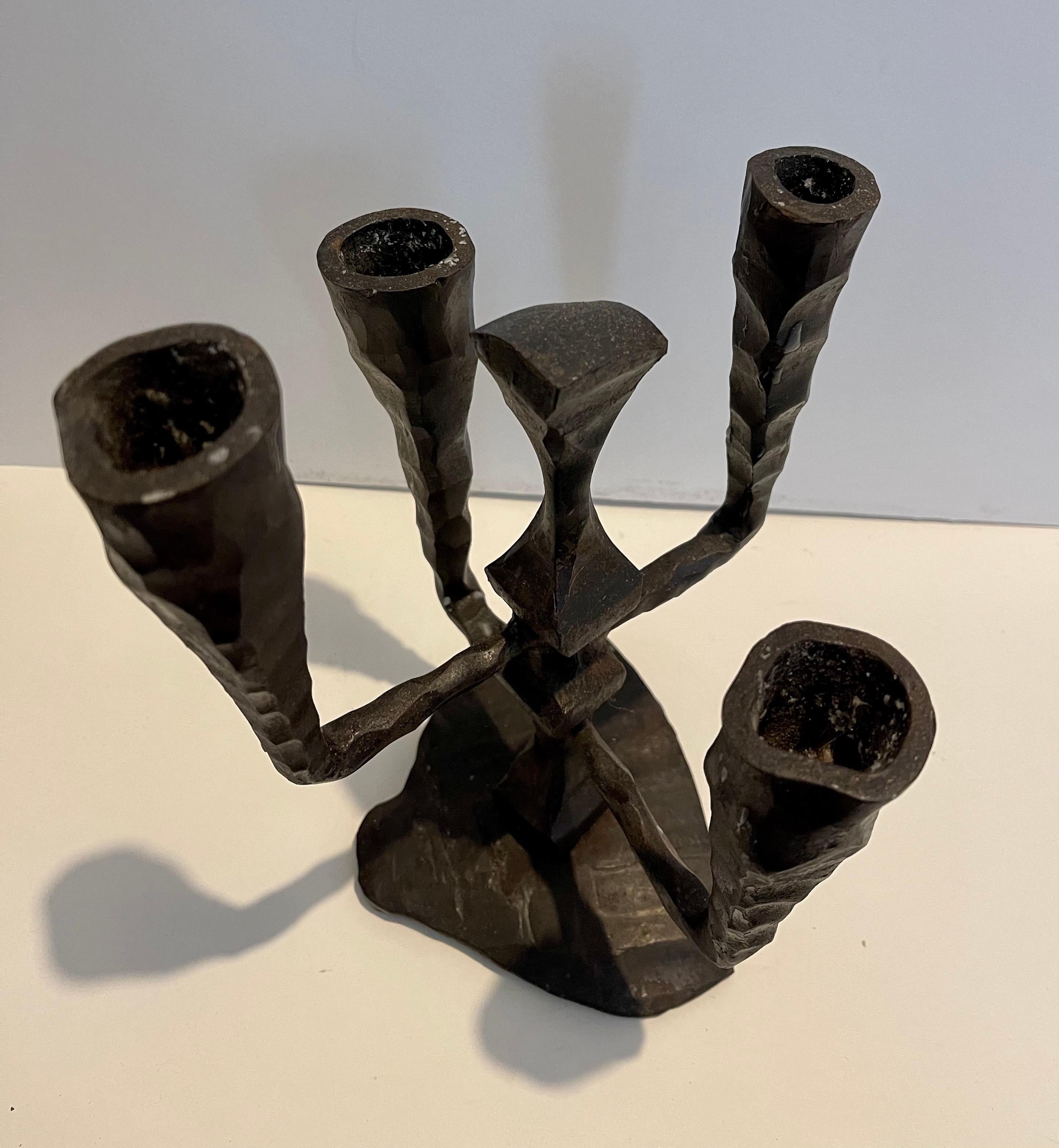 Hand Forged Brutalist Iron Sculpture Israeli Candelabra David Palombo Judaica 7