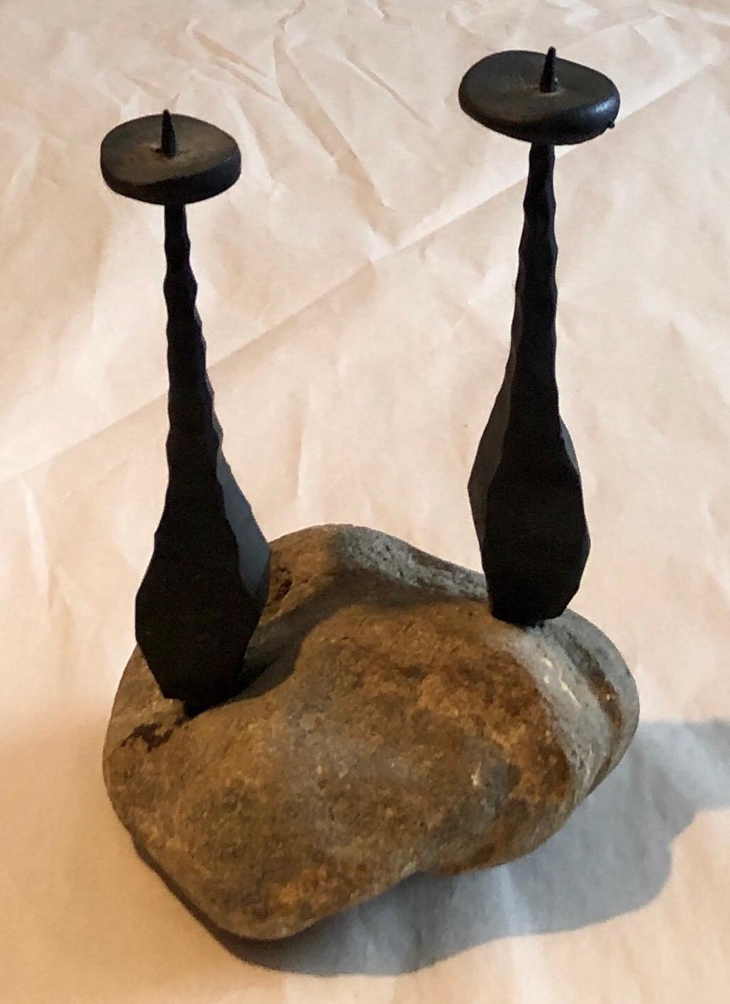 Hand Forged Brutalist Iron Stone Sculpture  Israeli  Candlesticks David Palombo 1