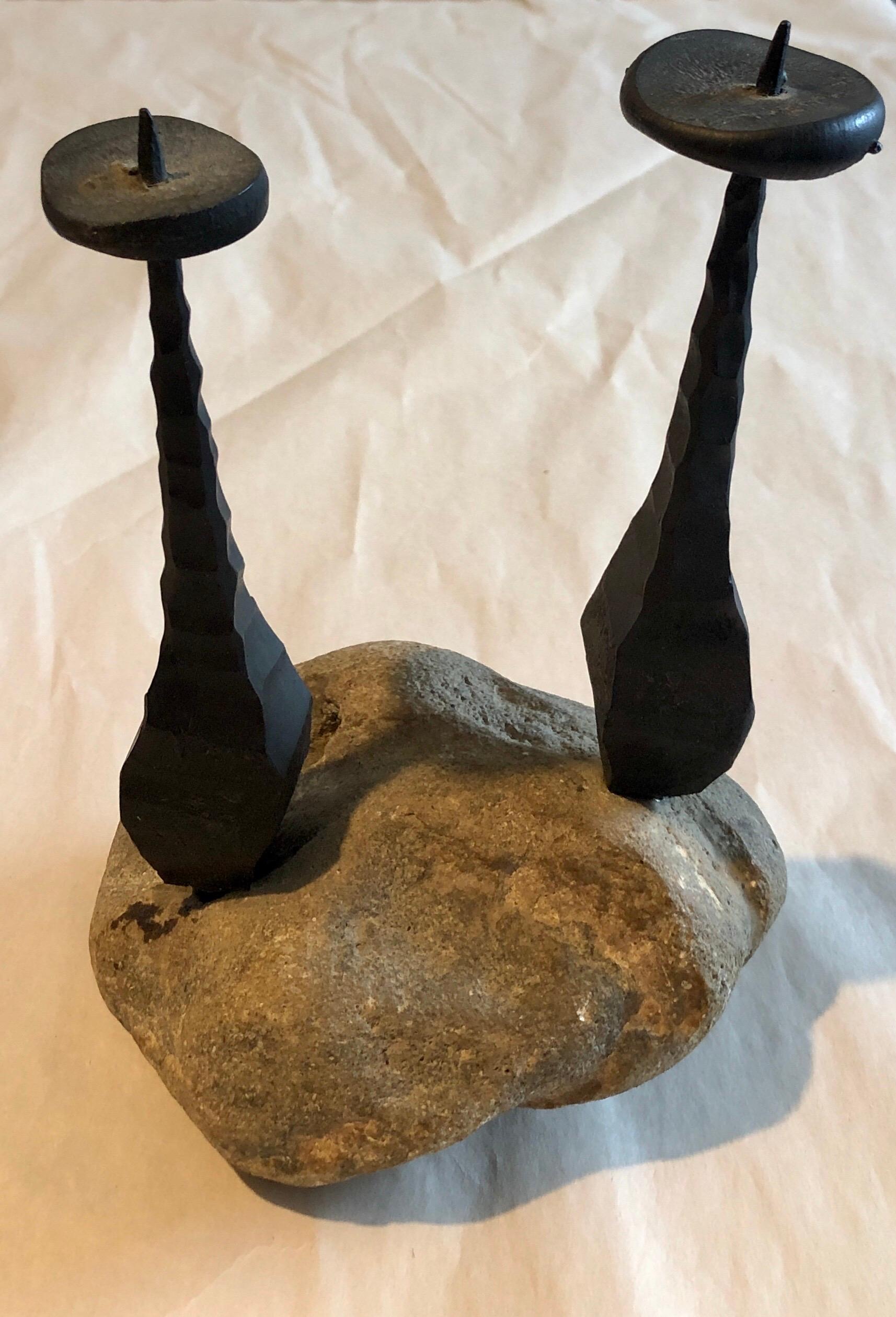 Hand Forged Brutalist Iron Stone Sculpture  Israeli  Candlesticks David Palombo 3
