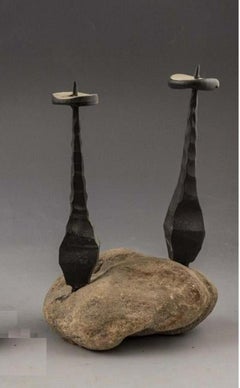 Hand Forged Brutalist Iron Stone Sculpture  Israeli  Candlesticks David Palombo