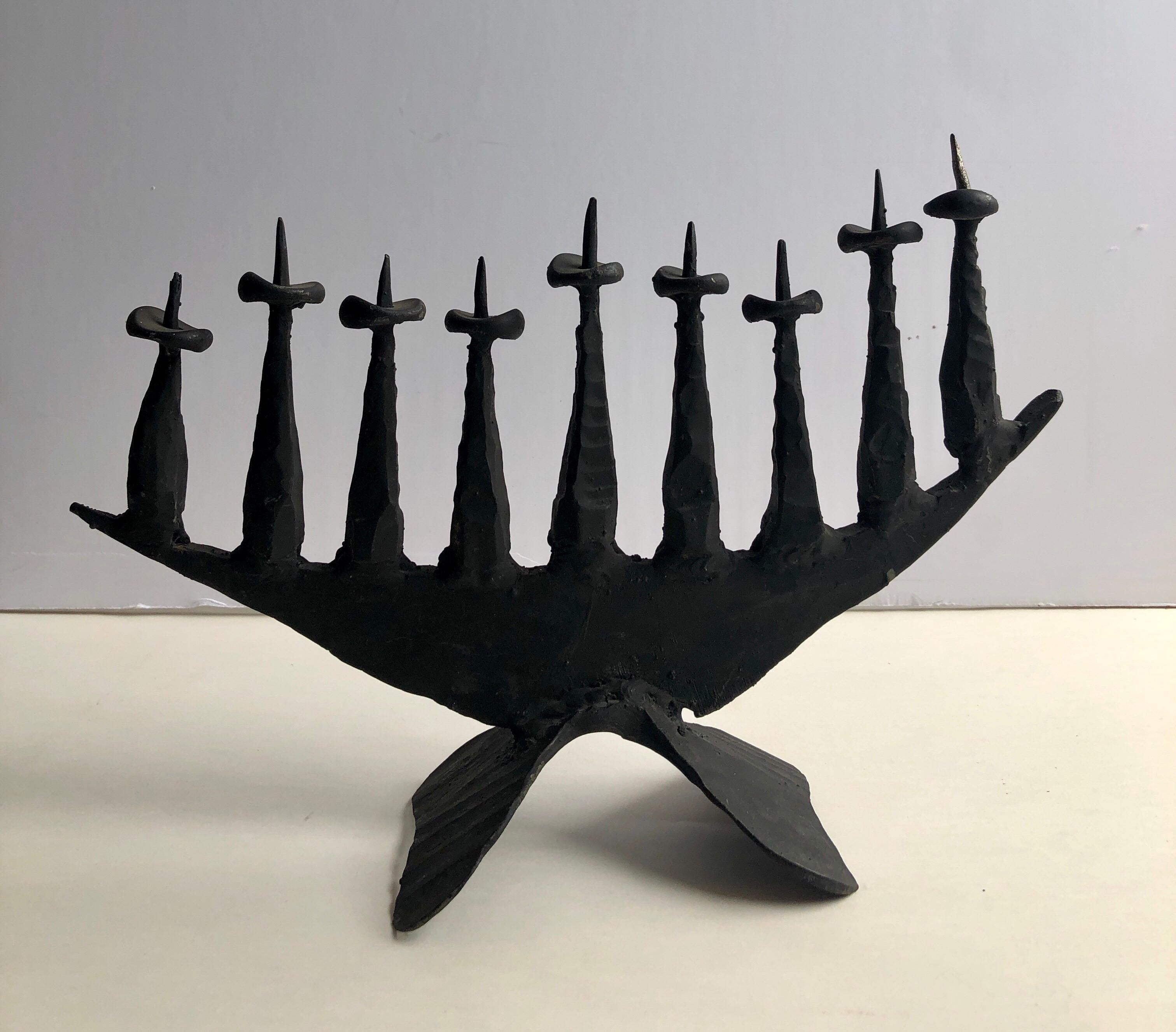  Modernist Brutalist Hand Forged Iron Menorah Sculpture Israeli Palombo Judaica  5