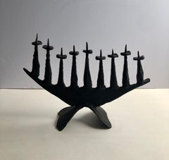 Modernist Brutalist Hand Forged Iron Menorah Sculpture Israeli Palombo Judaica