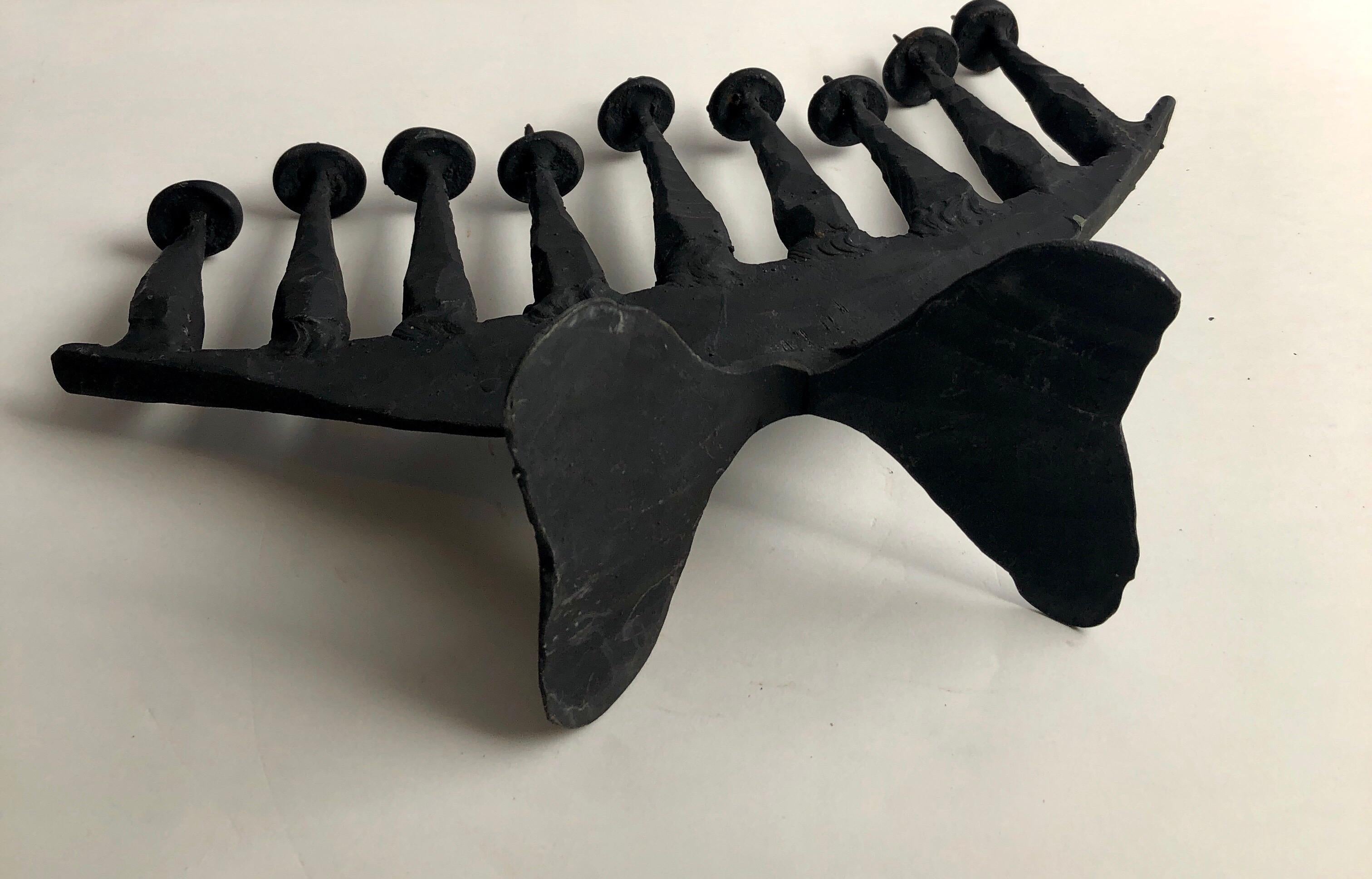 Modernist Brutalist Hand Forged Iron Menorah Sculpture Israeli Palombo Judaica - Gray Figurative Sculpture by David Palombo