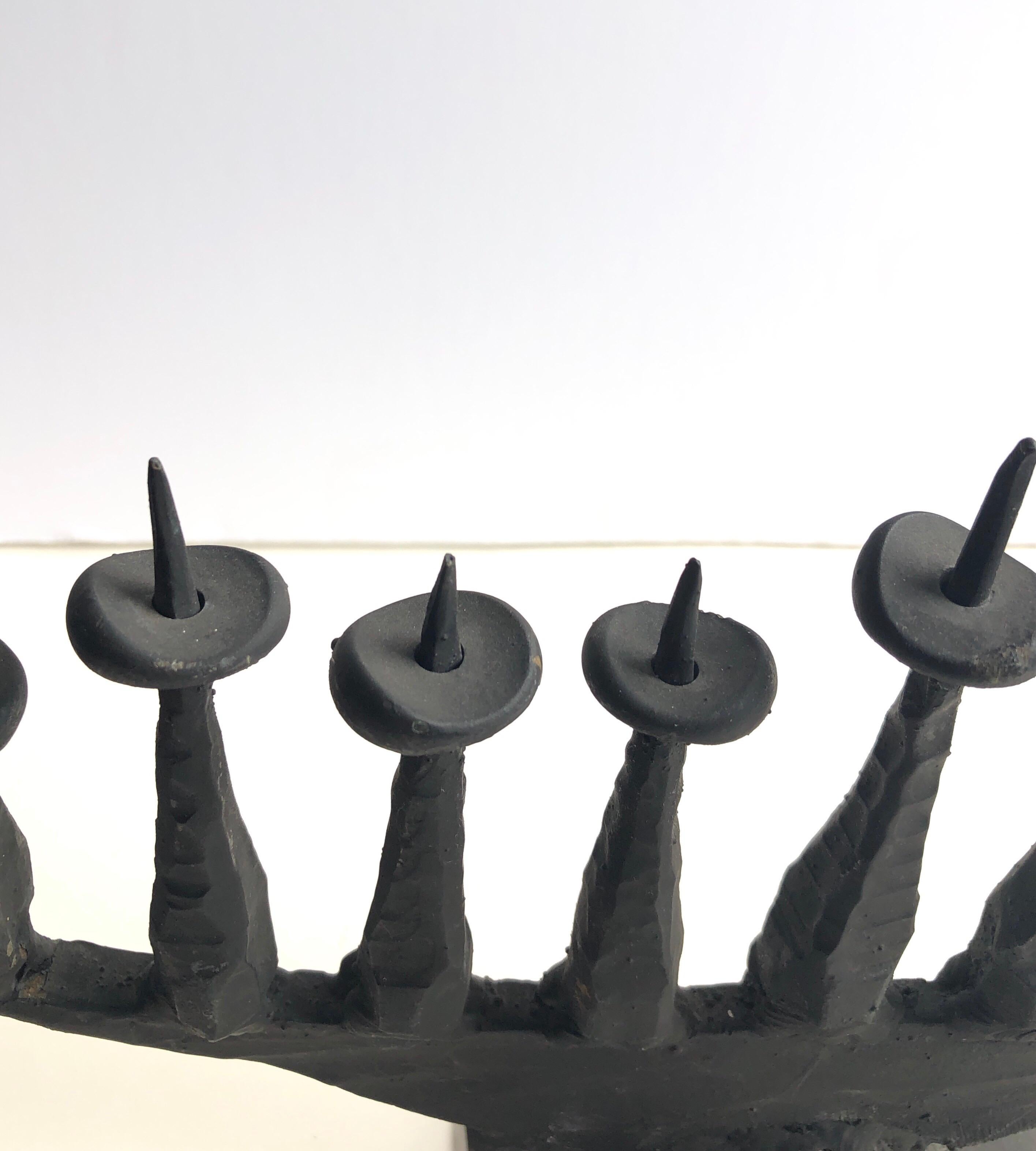  Modernist Brutalist Hand Forged Iron Menorah Sculpture Israeli Palombo Judaica  1
