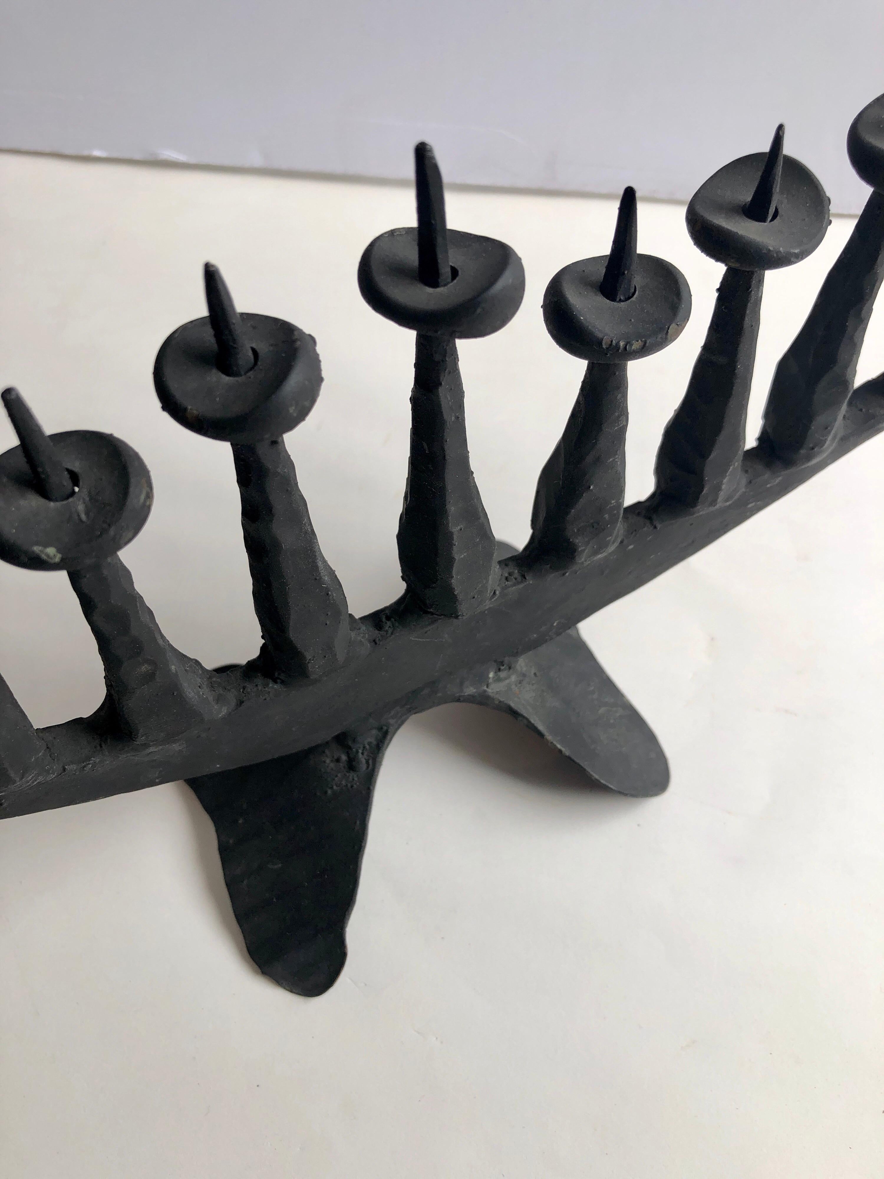  Modernist Brutalist Hand Forged Iron Menorah Sculpture Israeli Palombo Judaica  2