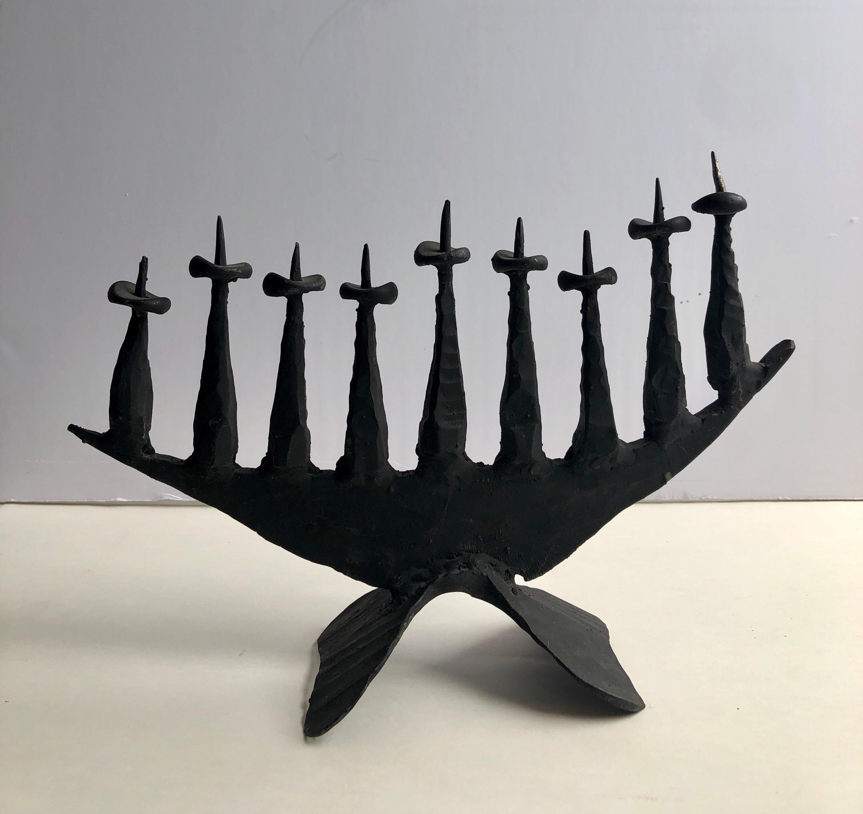 David Palombo Figurative Sculpture -  Modernist Brutalist Hand Forged Iron Menorah Sculpture Israeli Palombo Judaica 