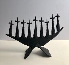  Modernist Brutalist Hand Forged Iron Menorah Sculpture Israeli Palombo Judaica 