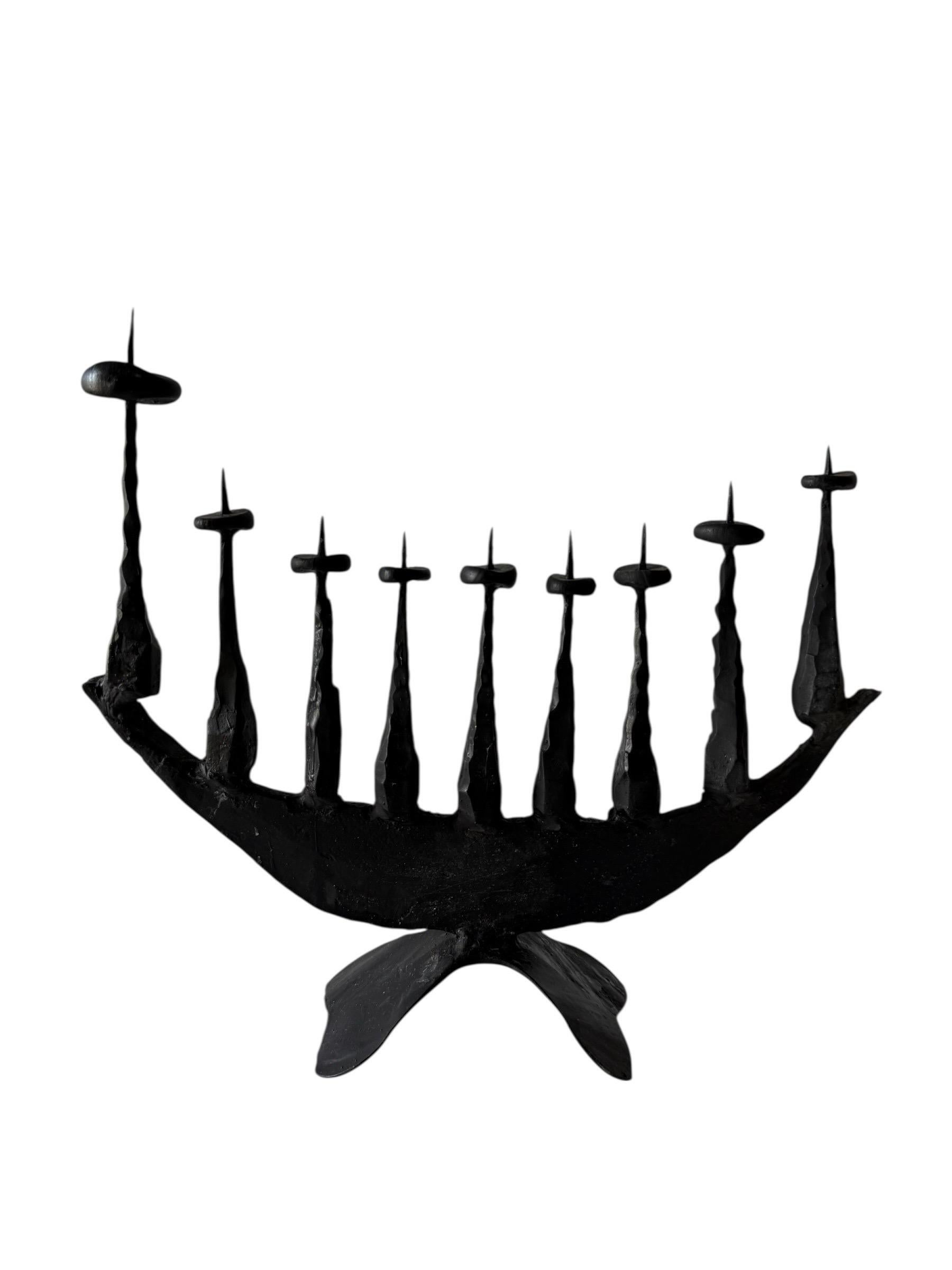 David Palombo Figurative Sculpture - Modernist Brutalist Hand Forged Iron Menorah Sculpture Israeli Palombo Judaica