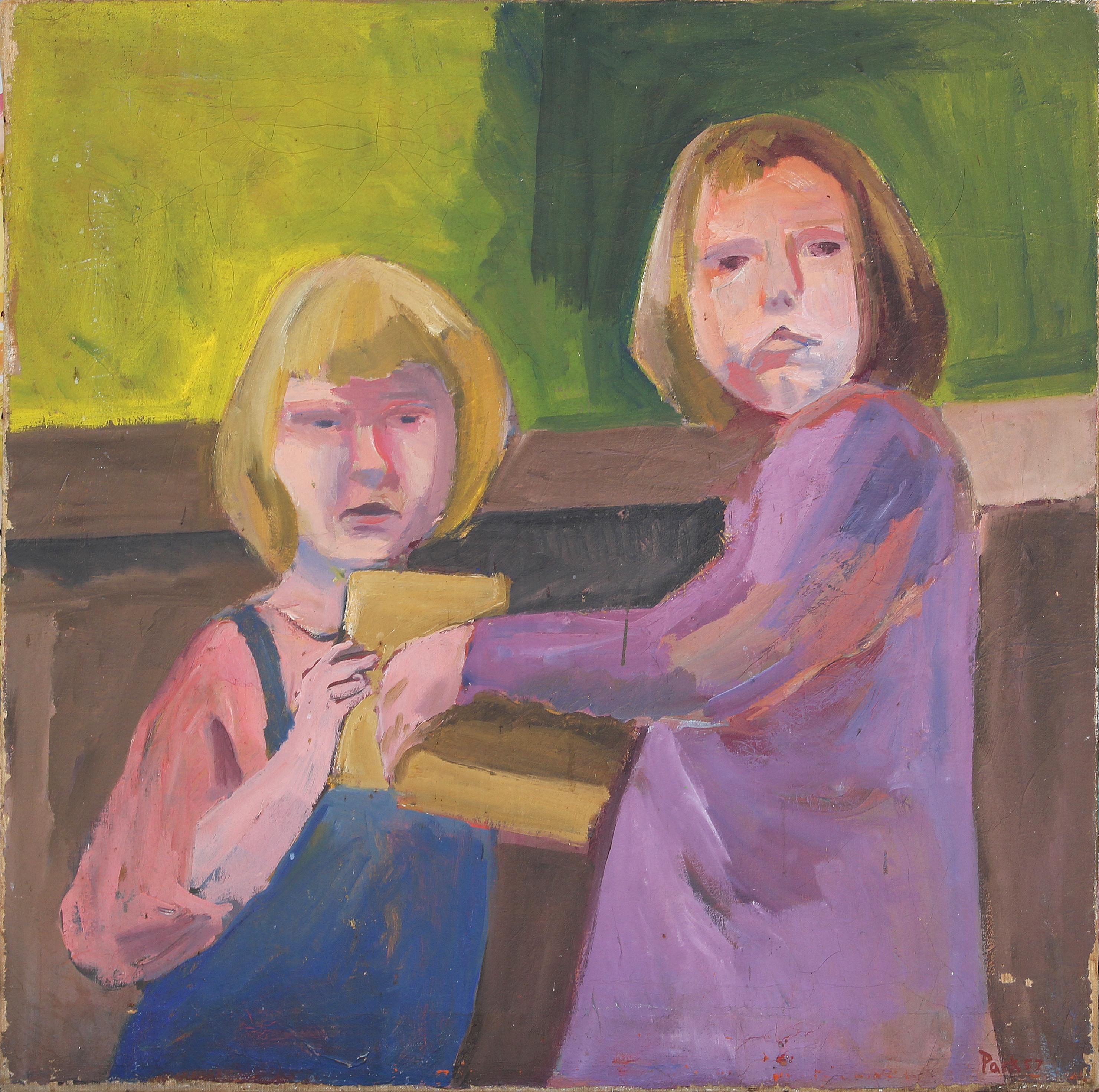 Grünes, violettes und rosafarbenes abstraktes figuratives Gemälde zweier junger Mädchen (möglicherweise die Töchter von David Park), das dem amerikanischen Künstler David Park zugeschrieben wird. Dieses Gemälde zeigt zwei junge Mädchen, die im