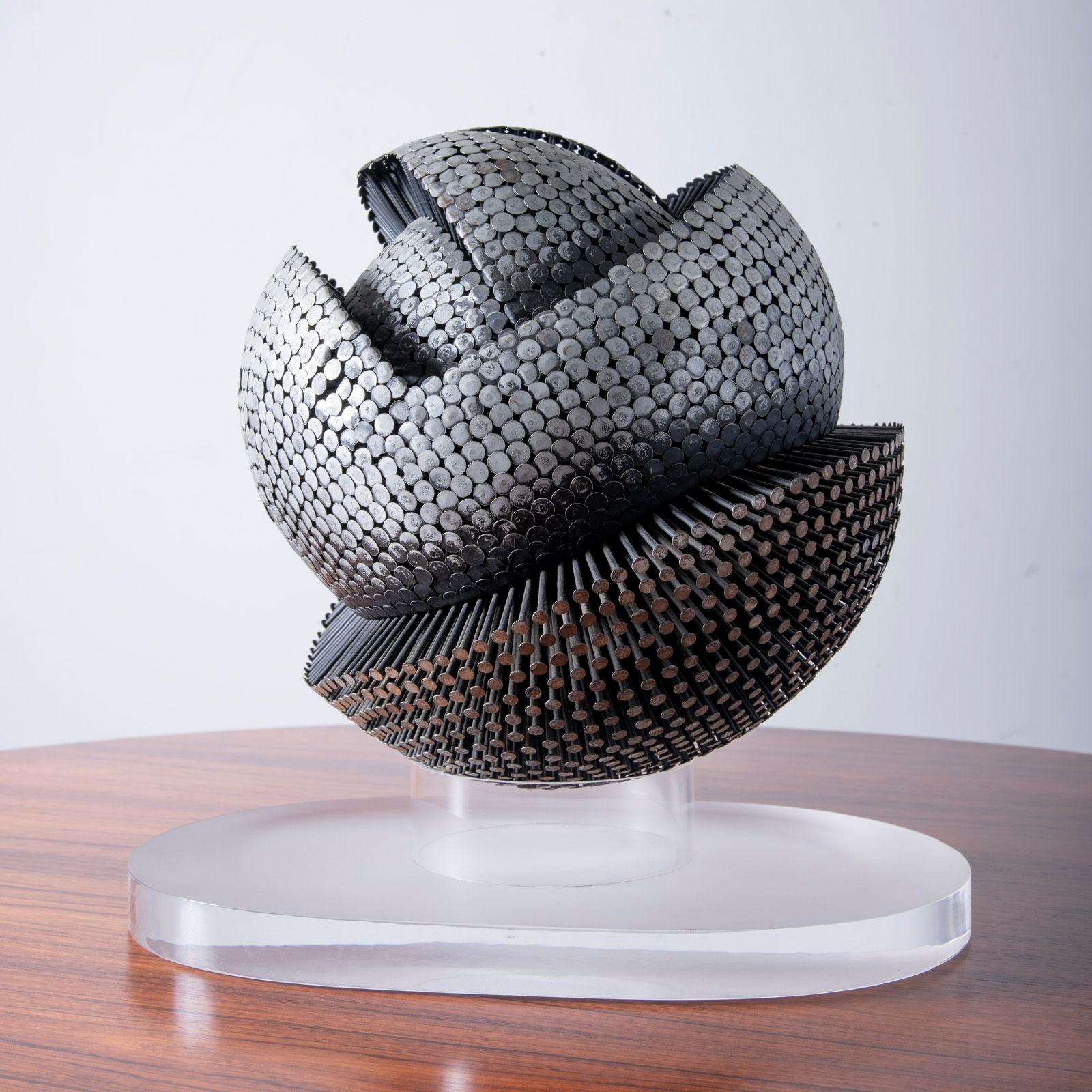 David Partridge Omnidirectional Brutalist Nail Sculpture on Illuminated Pedestal In Good Condition For Sale In Dallas, TX