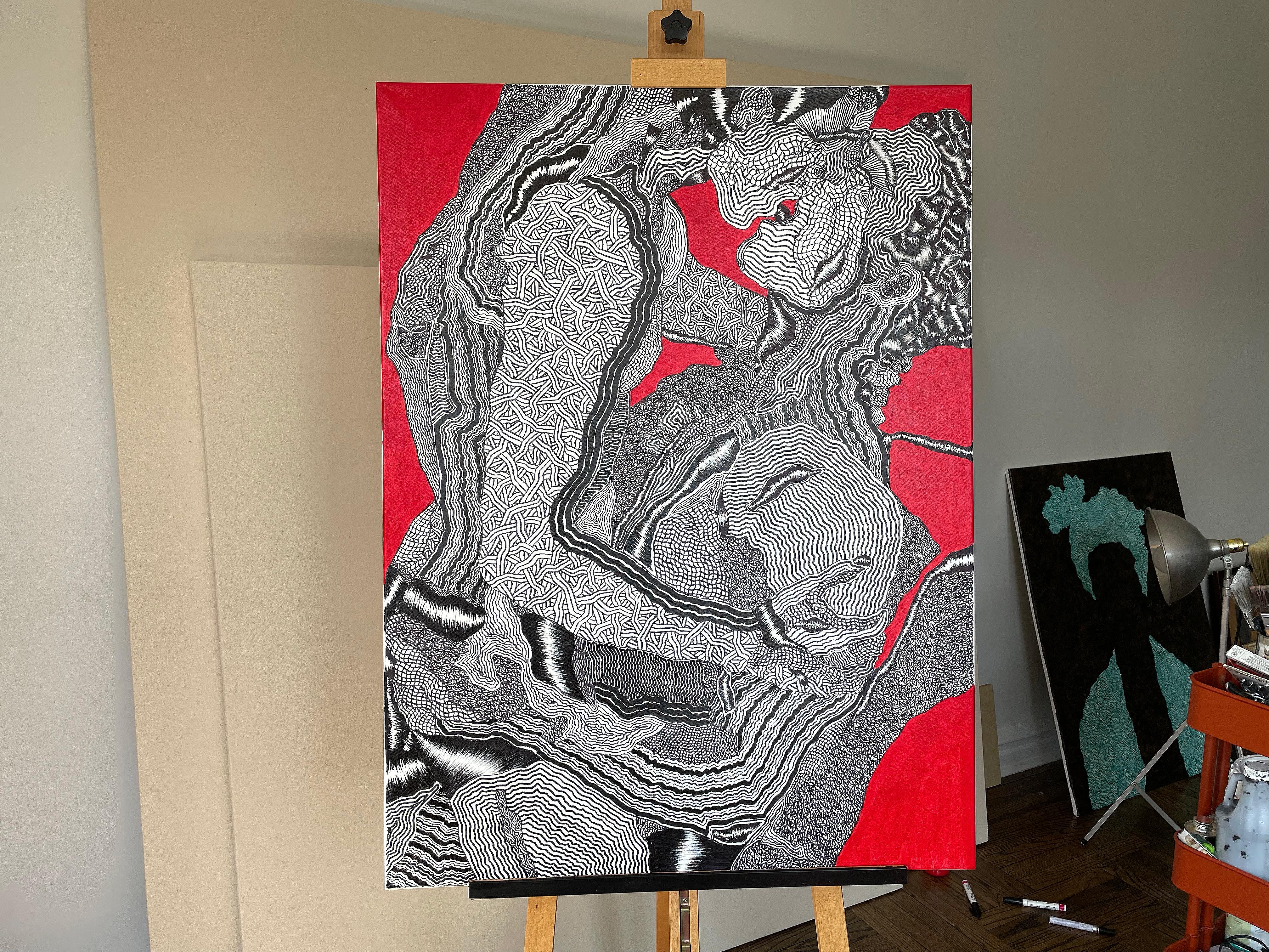 Mixed media on canvas 

David Paul Kay is an American contemporary artist born in 1982 who lives and works in New York City, USA. With a focus on vibrant lines and intricate compositions, Kay creates captivating narratives on blank surfaces. His