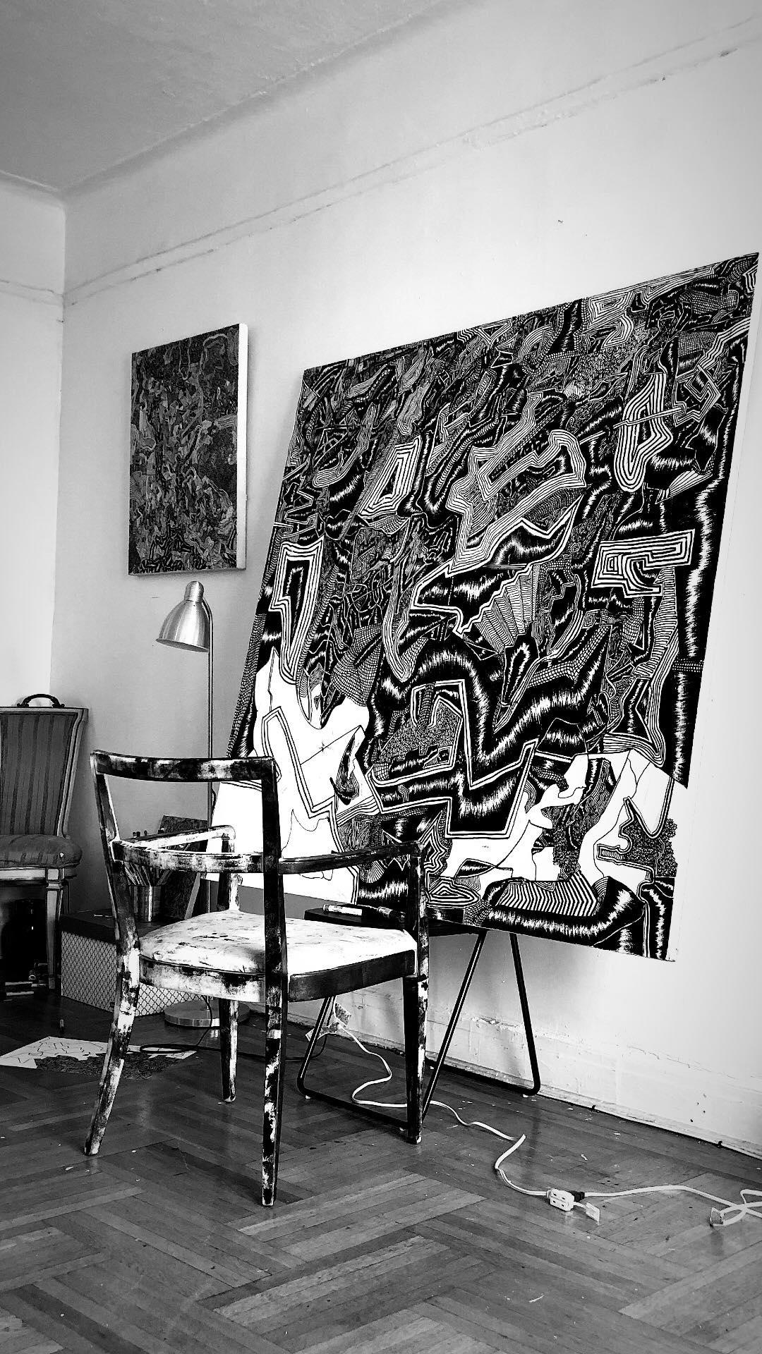 Geometric Abstract Black and White Painting: 'Revelation' 2