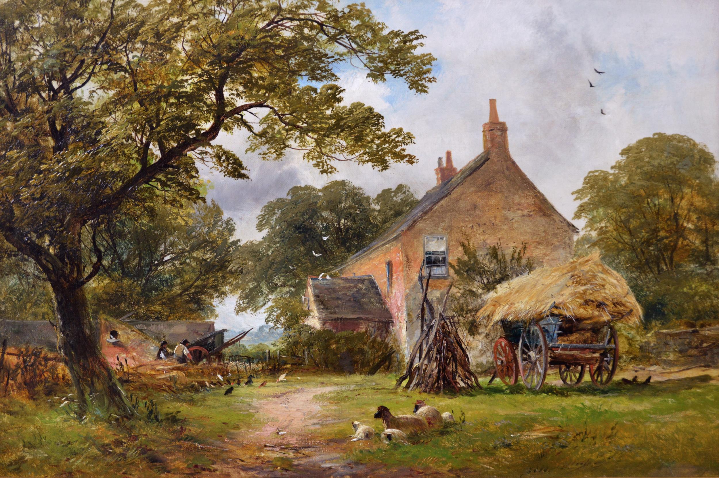 19th Century landscape oil painting of a farm with figures, sheep & hay cart - Painting by David Payne
