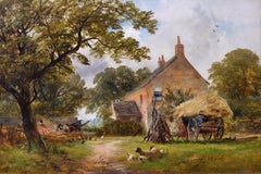 19th Century landscape oil painting of a farm with figures, sheep & hay cart