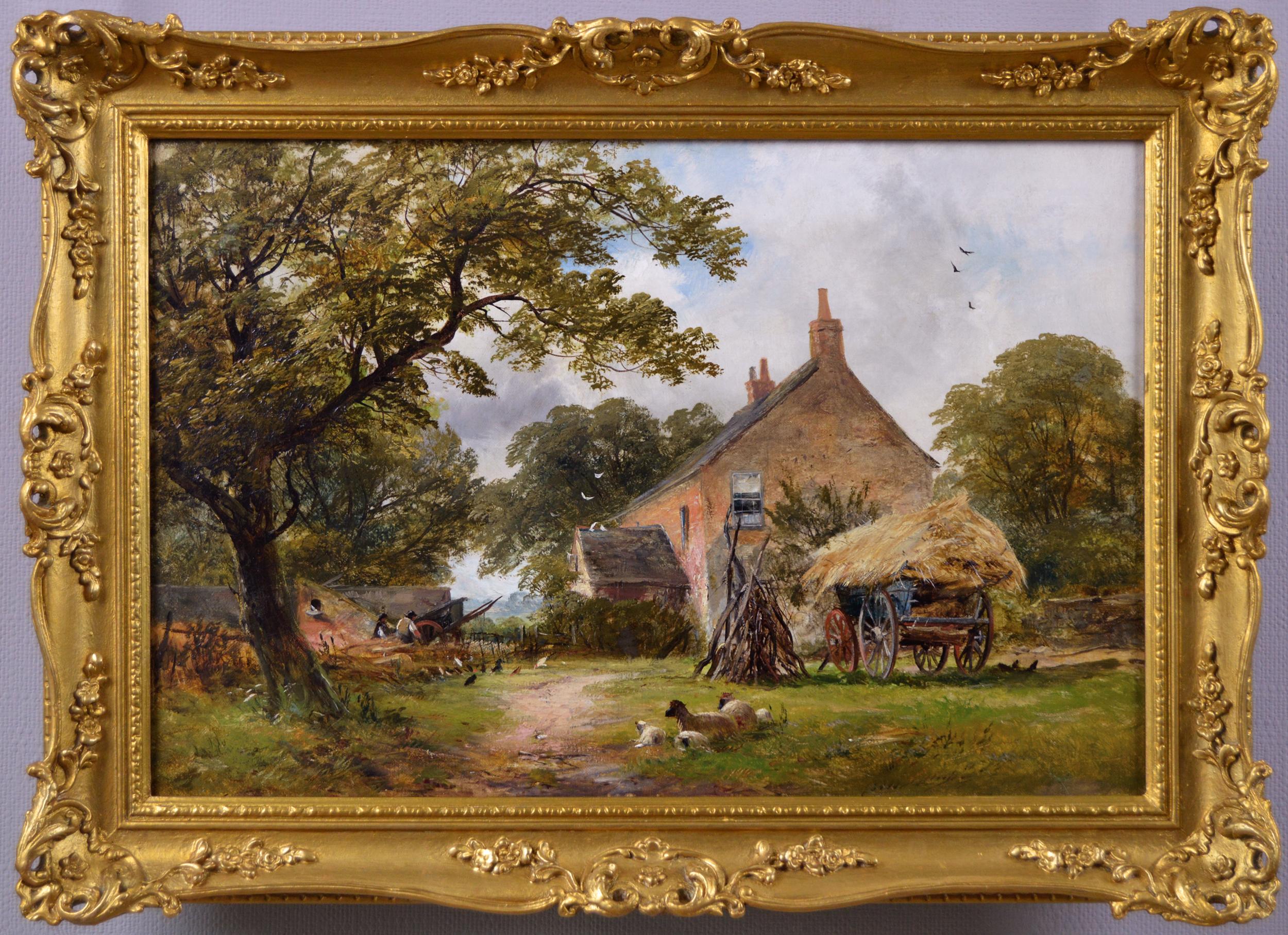 David Payne Landscape Painting - 19th Century landscape oil painting of a farm with figures, sheep & hay cart