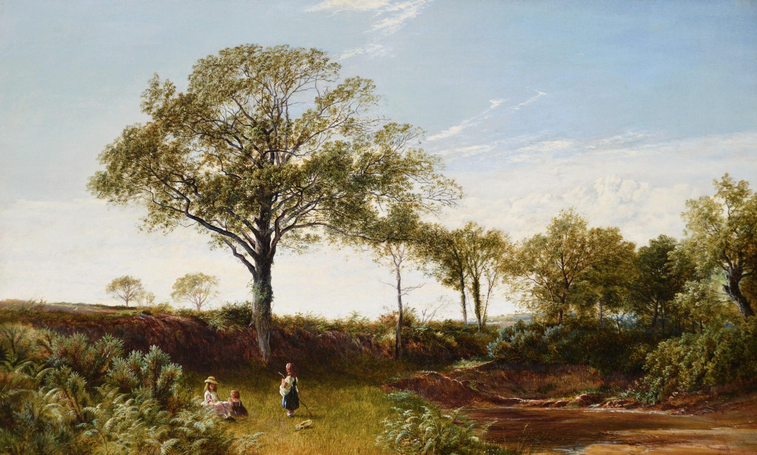 19th Century landscape oil painting of children by a Derbyshire river  - Painting by David Payne