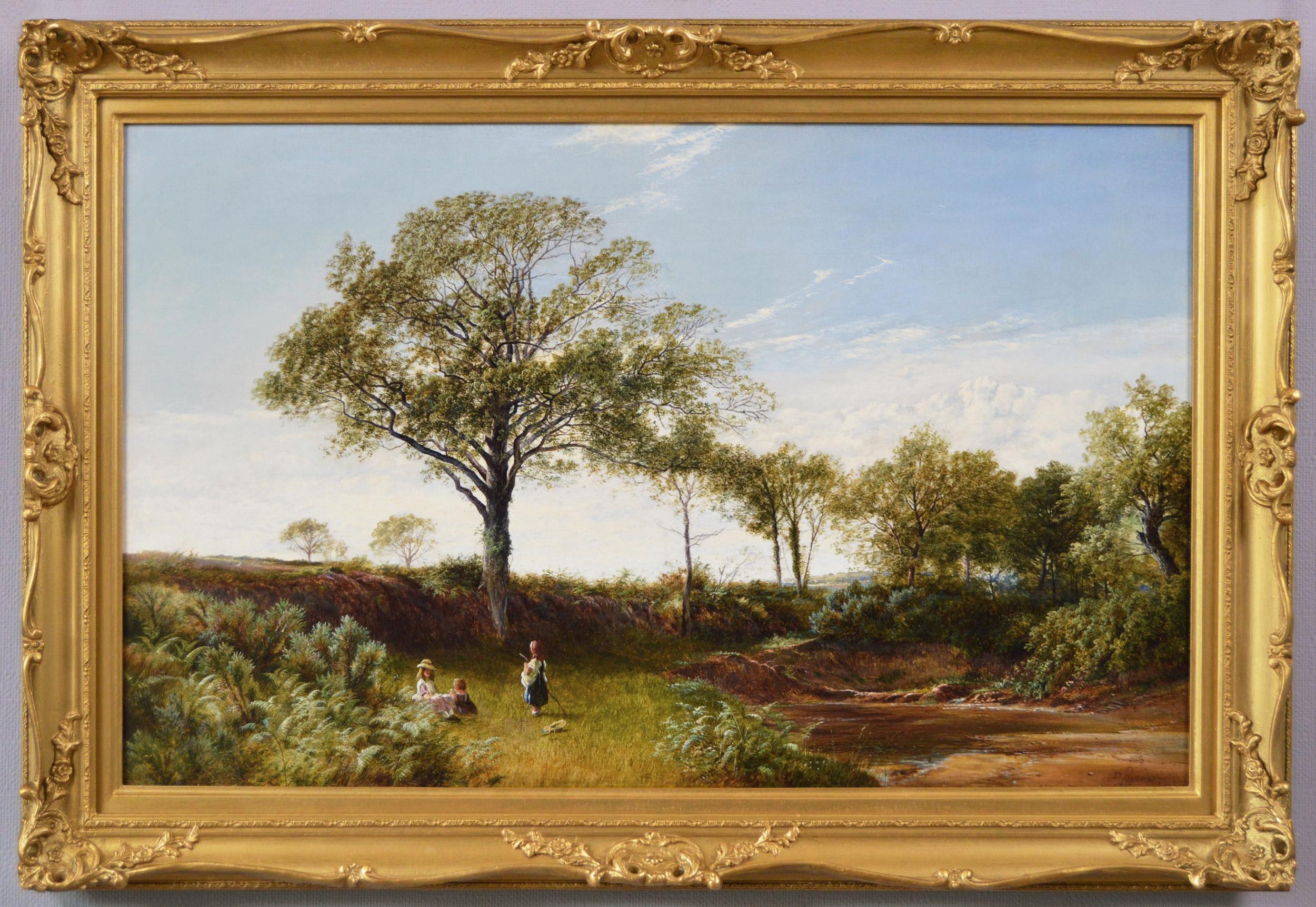 David Payne Landscape Painting - 19th Century landscape oil painting of children by a Derbyshire river 