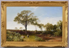19th Century landscape oil painting of children by a Derbyshire river 