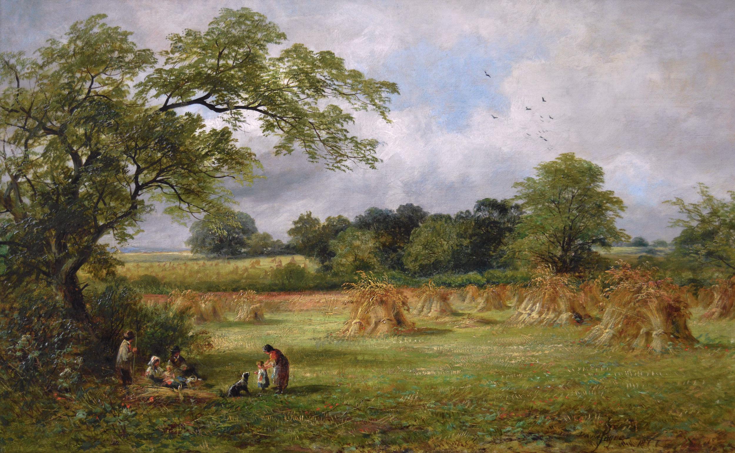 19th Century landscape oil painting of figures in a Cornfield - Painting by David Payne