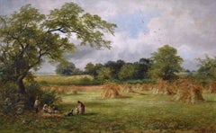 19th Century landscape oil painting of figures in a Cornfield