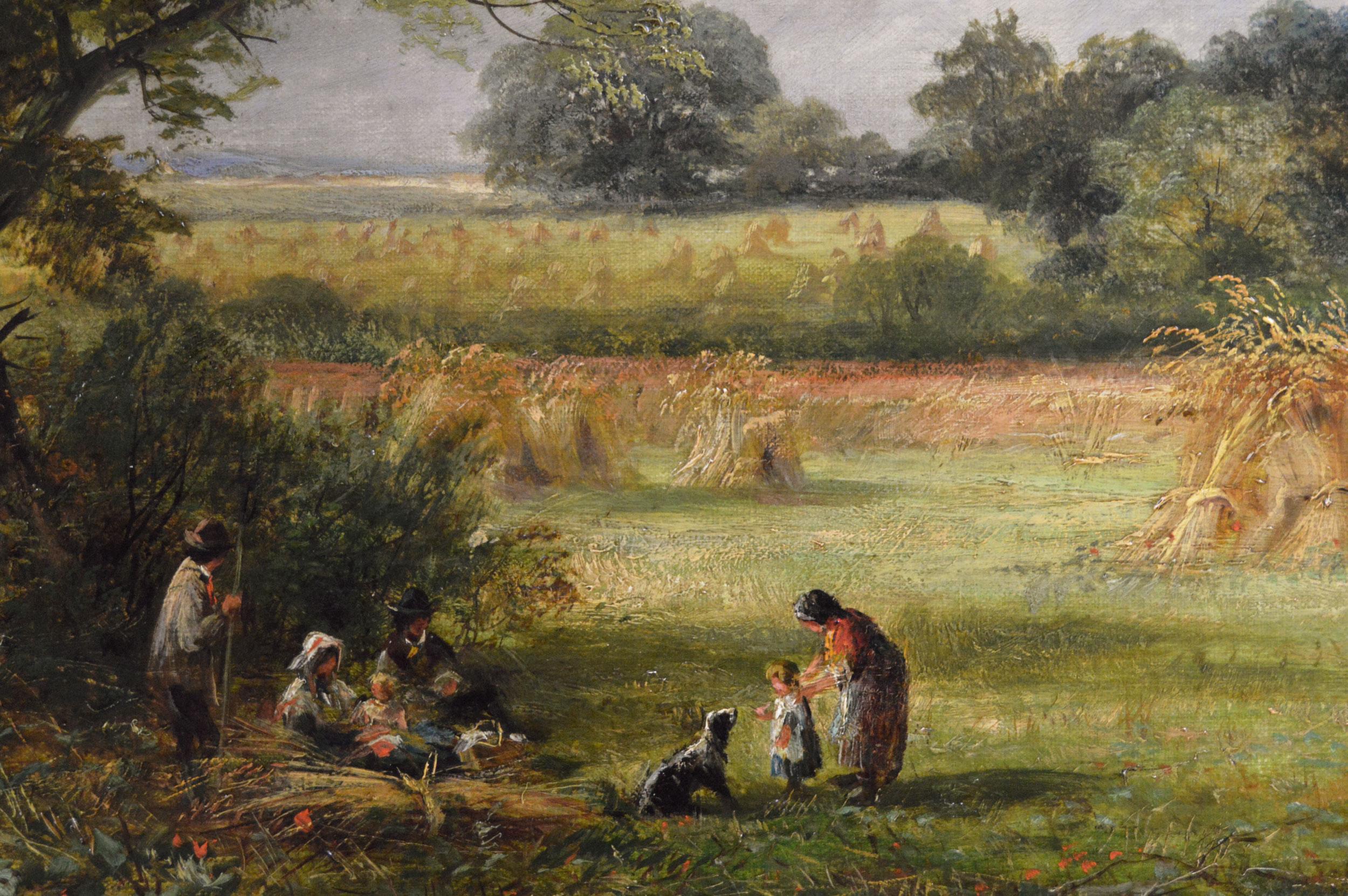 19th Century landscape oil painting of figures in a Cornfield - Victorian Painting by David Payne