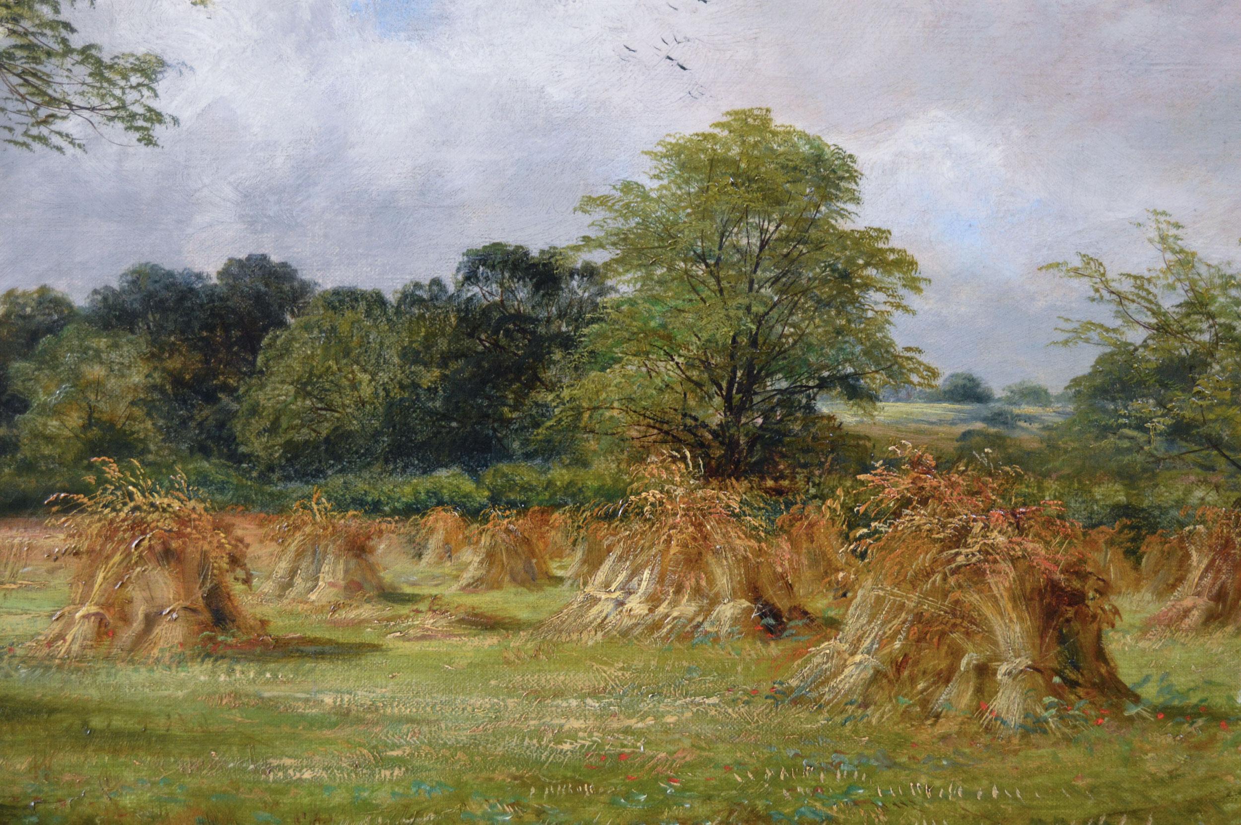 19th Century landscape oil painting of figures in a Cornfield - Brown Figurative Painting by David Payne