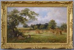 19th Century landscape oil painting of figures in a Cornfield