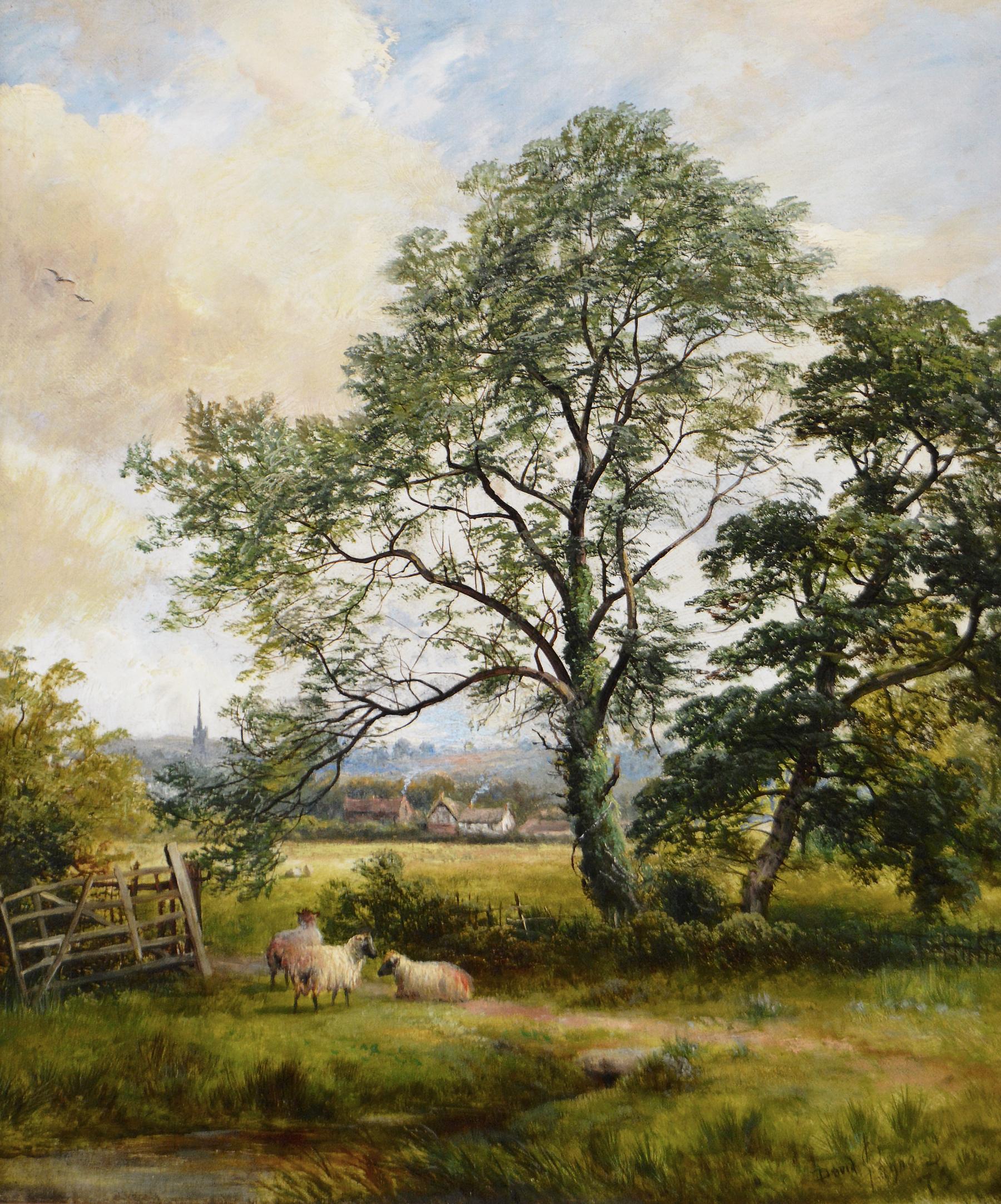 19th Century landscape oil painting of sheep by a stream - Painting by David Payne