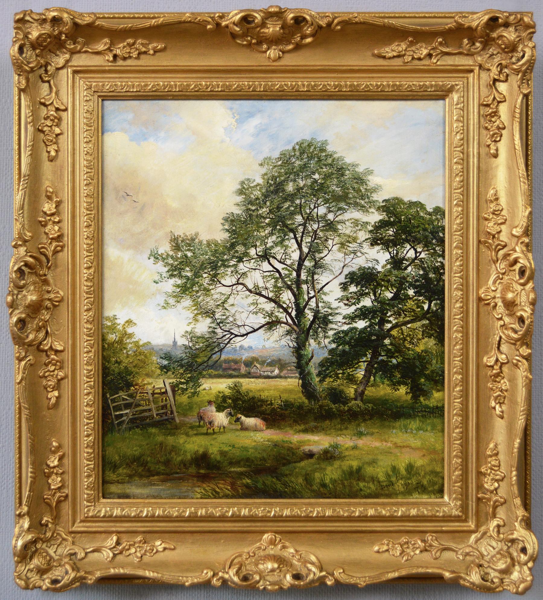 David Payne Animal Painting - 19th Century landscape oil painting of sheep by a stream