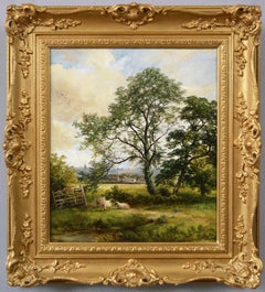 Peinture à l'huile du 19e siècle représentant des moutons par un ruisseau