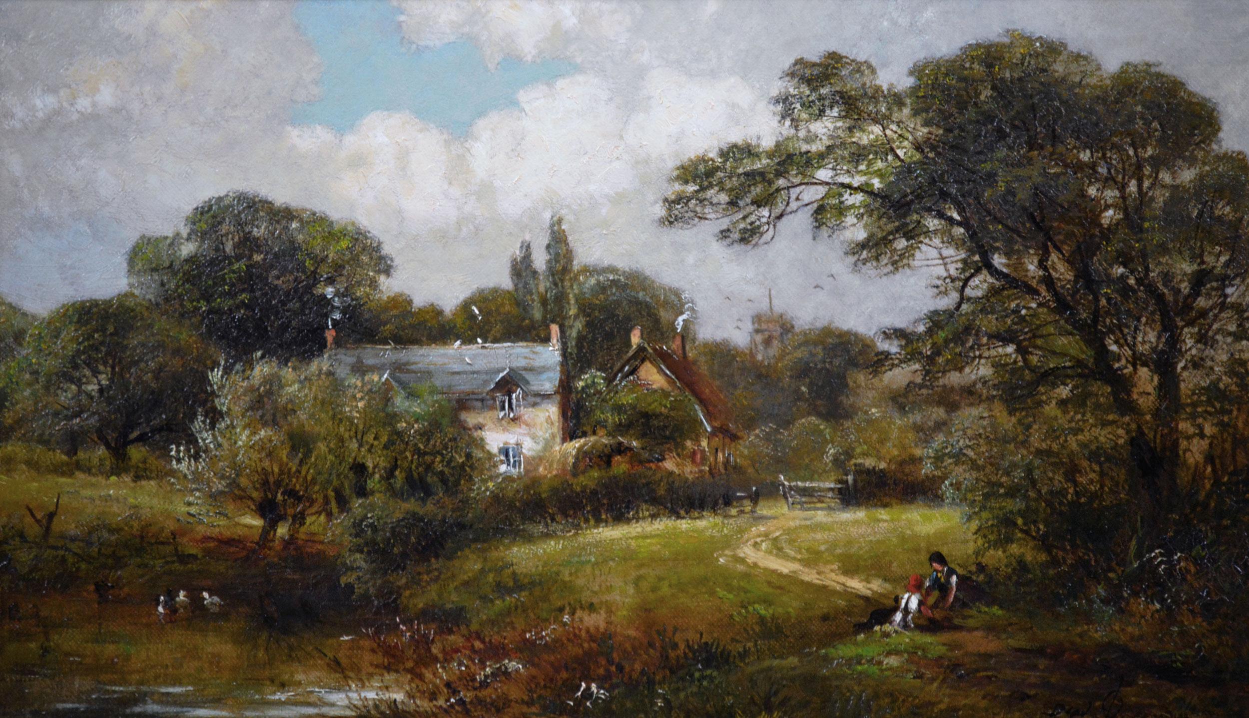 19th Century landscape oil painting of Swarkestone in Derbyshire - Painting by David Payne