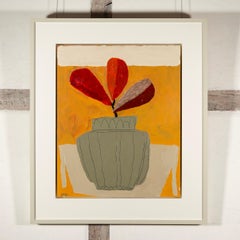 Foglie di Banksia - Pittura acrilica contemporanea di natura morta arancione con pianta in vaso