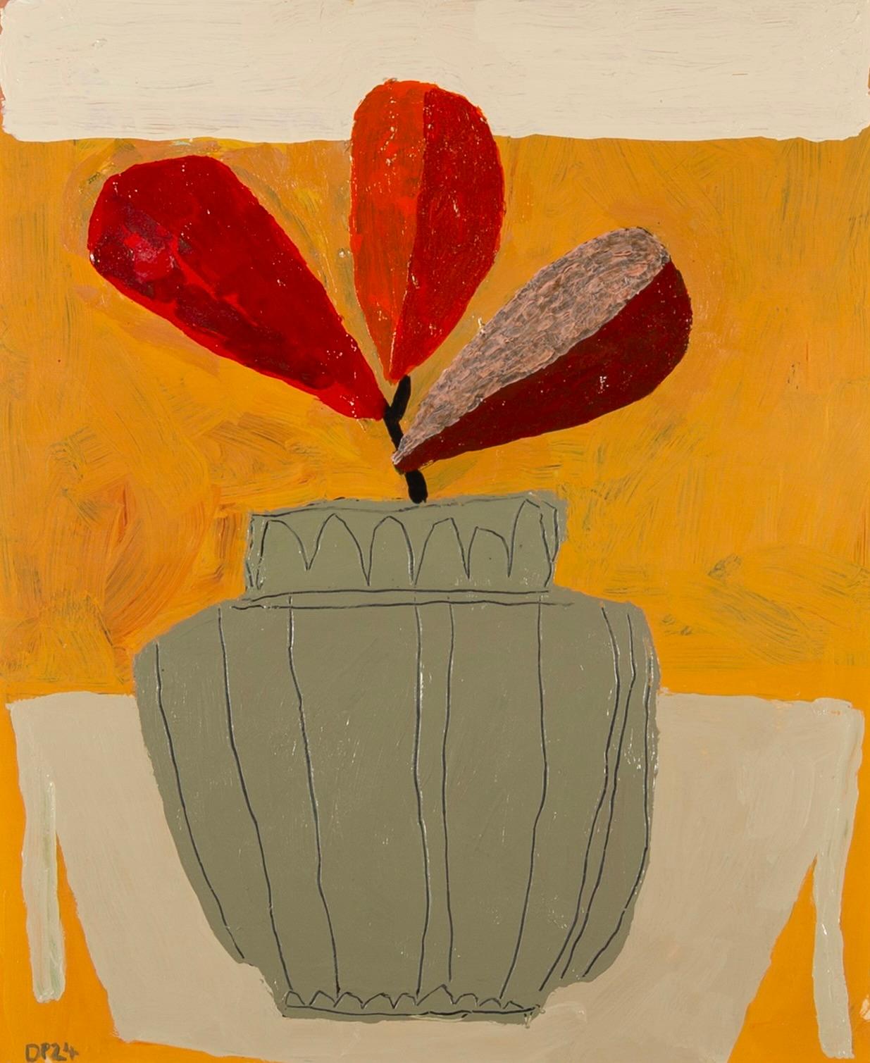 Still-Life Painting de David Pearce - Hojas de Banksia - Pintura acrílica contemporánea de naturaleza muerta naranja de planta en maceta
