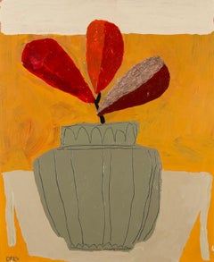 Foglie di Banksia - Pittura acrilica contemporanea di natura morta arancione con pianta in vaso