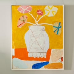 Big Happy - Grande pittura a olio di fiori contemporanei gialli e rosa